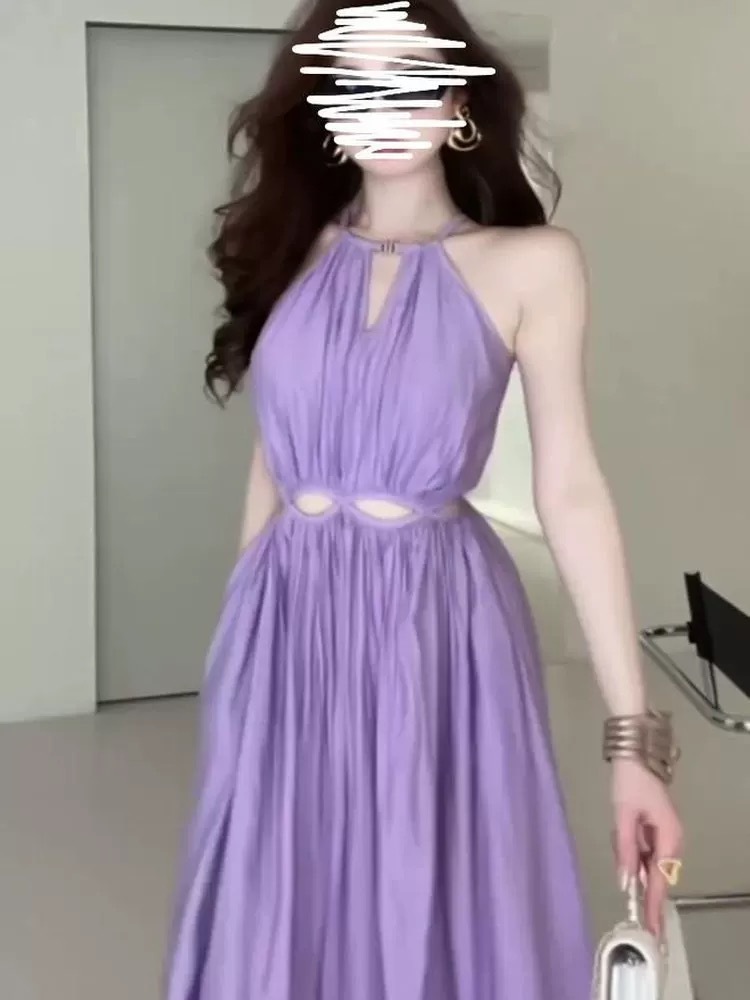 幾何線條露背 度假長洋裝(紫/棕)