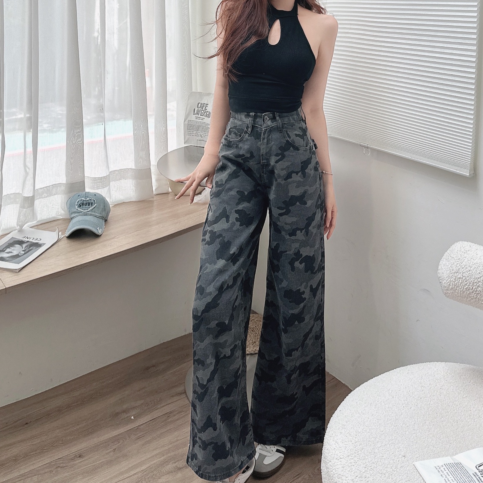 單寧迷彩牛仔寬褲/單一色