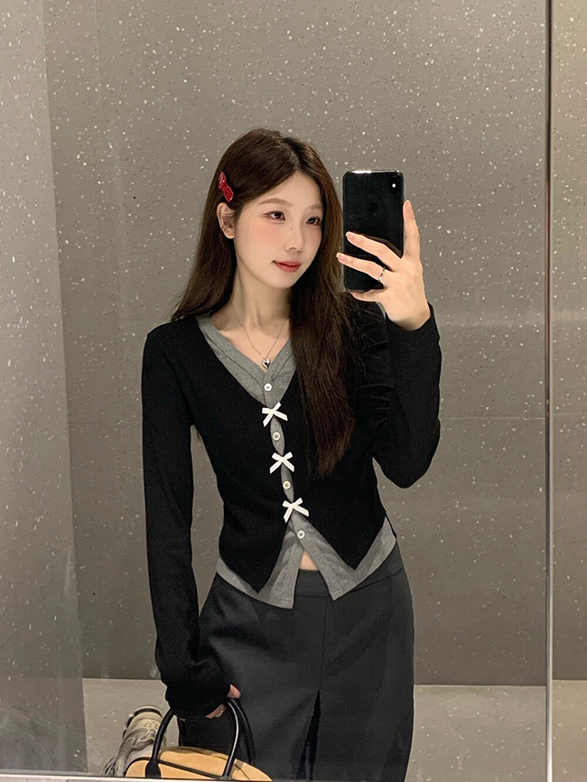 NEW 秋 合身假兩件蝴蝶結氣質上衣