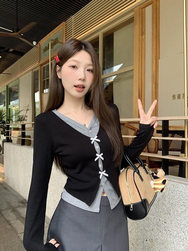 NEW 秋 合身假兩件蝴蝶結氣質上衣