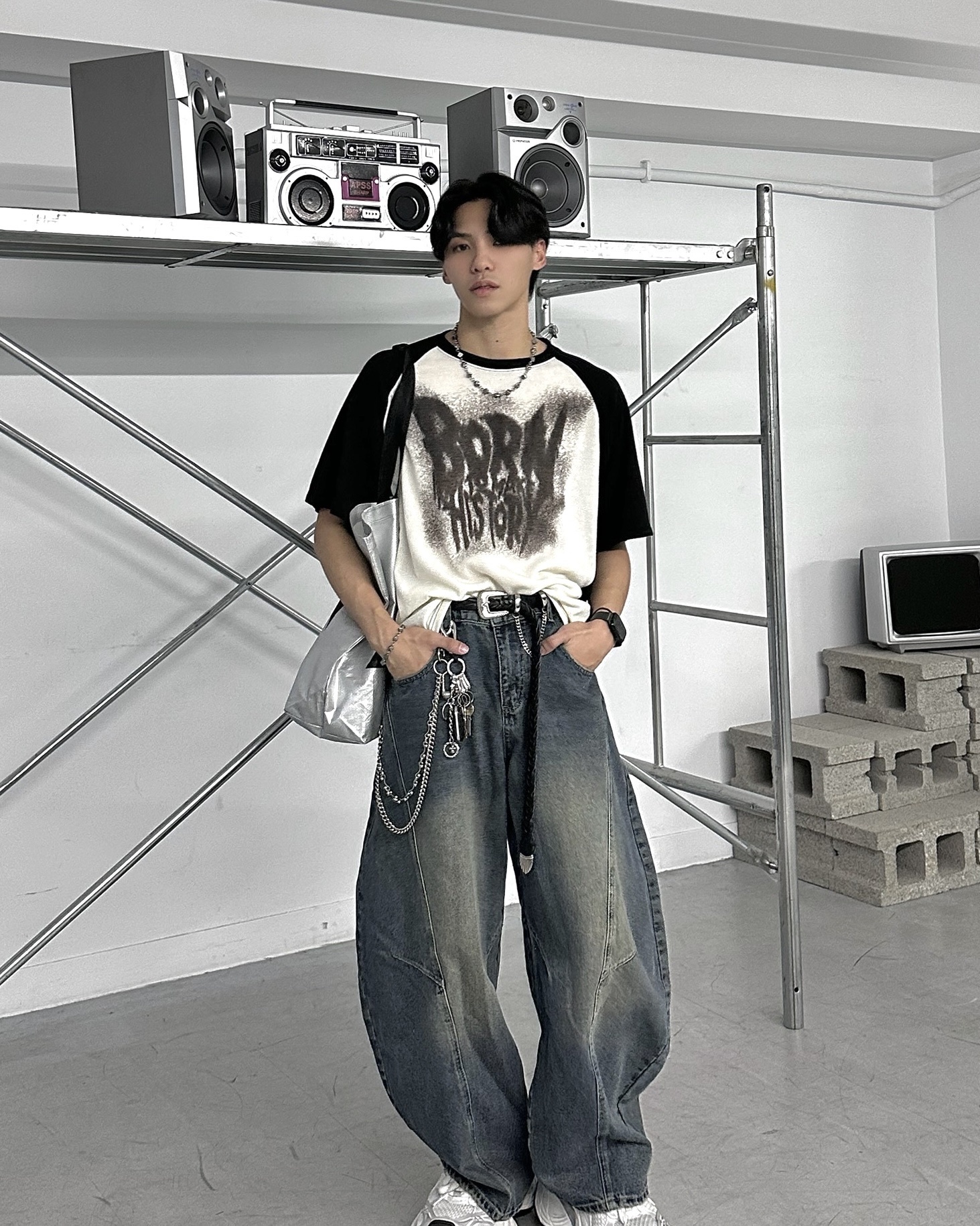 𝐇·𝐓·𝐒 韓國 BORN 字母刷漆 噴漆 撞色拼接 針織 親膚 上衣 短袖