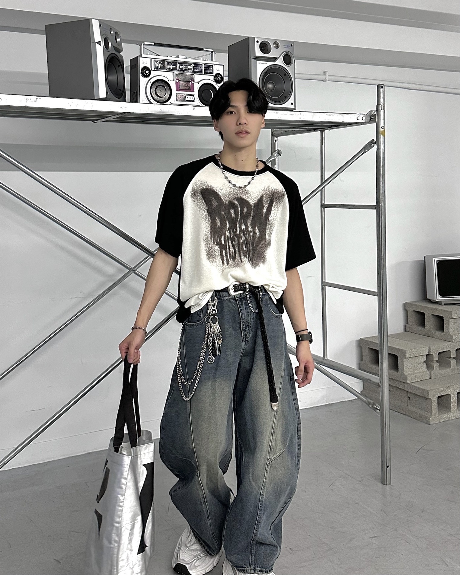 𝐇·𝐓·𝐒 韓國 BORN 字母刷漆 噴漆 撞色拼接 針織 親膚 上衣 短袖