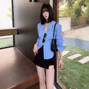 線條襯衫+褲裙(2件組)(可單買)