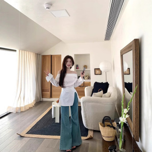 一字肩收腰襯衫+喇叭褲(可單買)