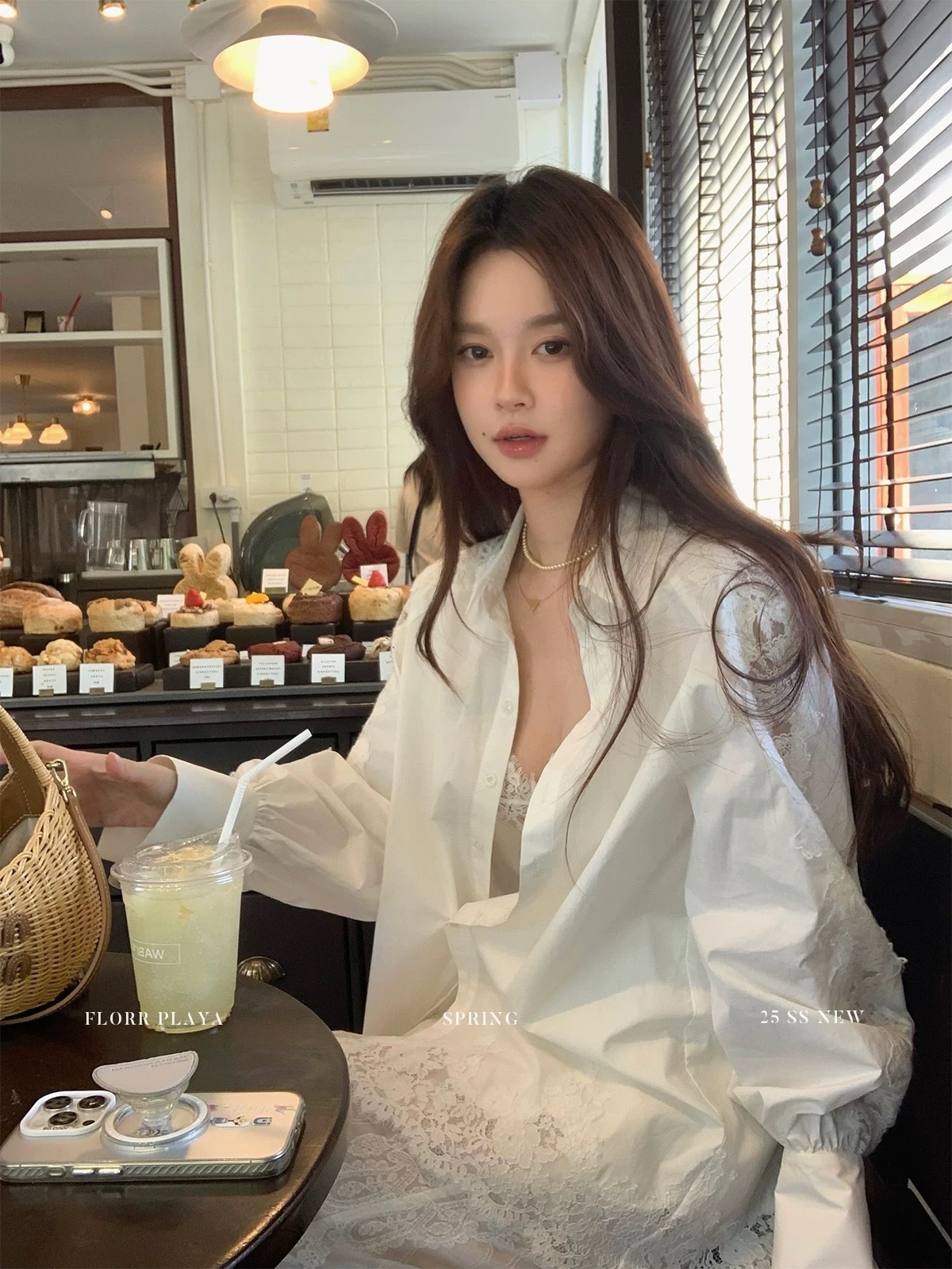 蕾絲拼接長袖襯衫+長裙套裝(2件組)