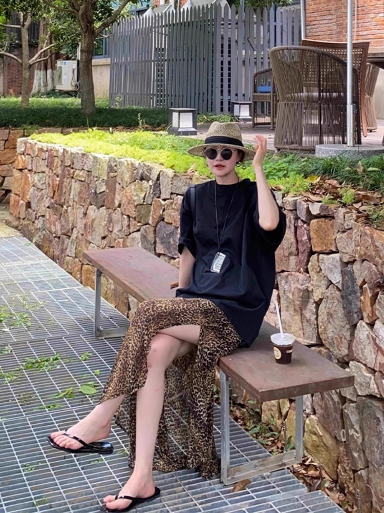 雪紡豹紋 透膚開衩裙