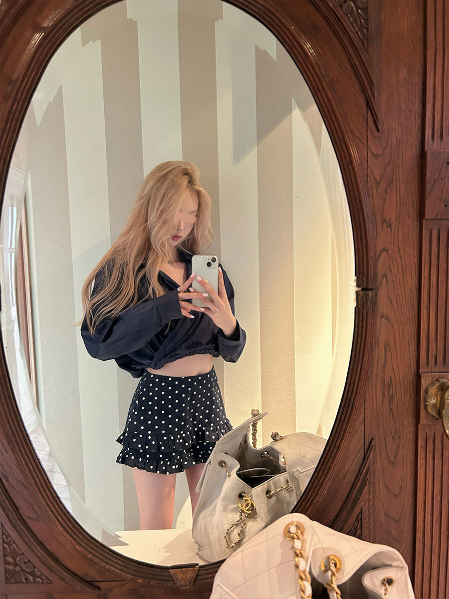 夏日小甜心 木耳邊高腰短褲(黑/波點)