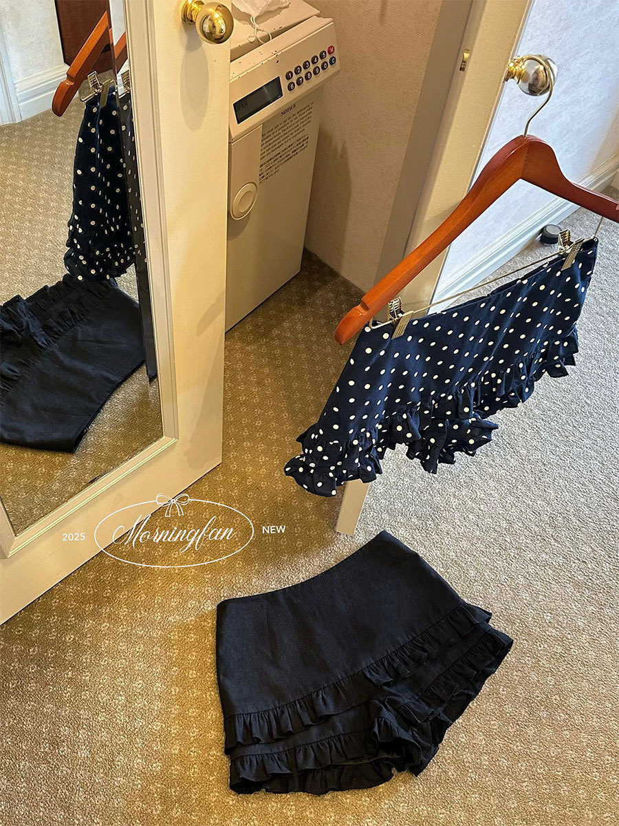 夏日小甜心 木耳邊高腰短褲(黑/波點)