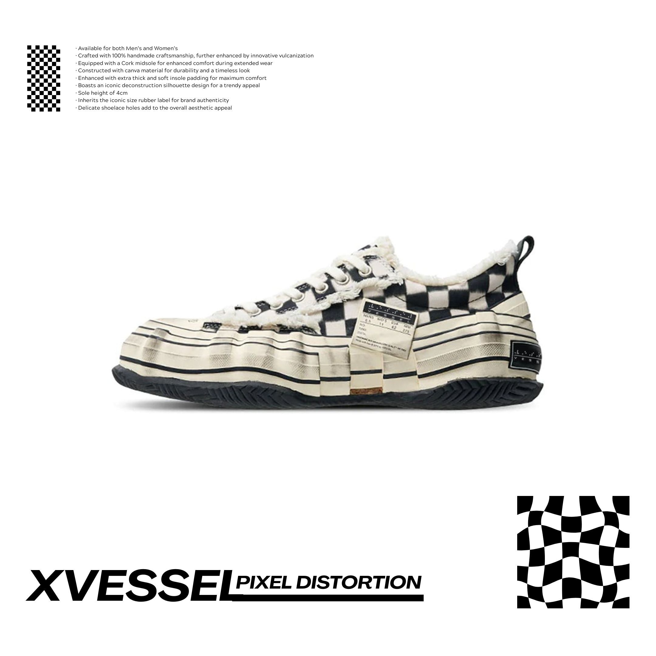 NICEDAY 代購 Xvessel Pixel Distortion 做舊 破壞 方格旗 棋盤 黑白 像素 厚底 硫化鞋