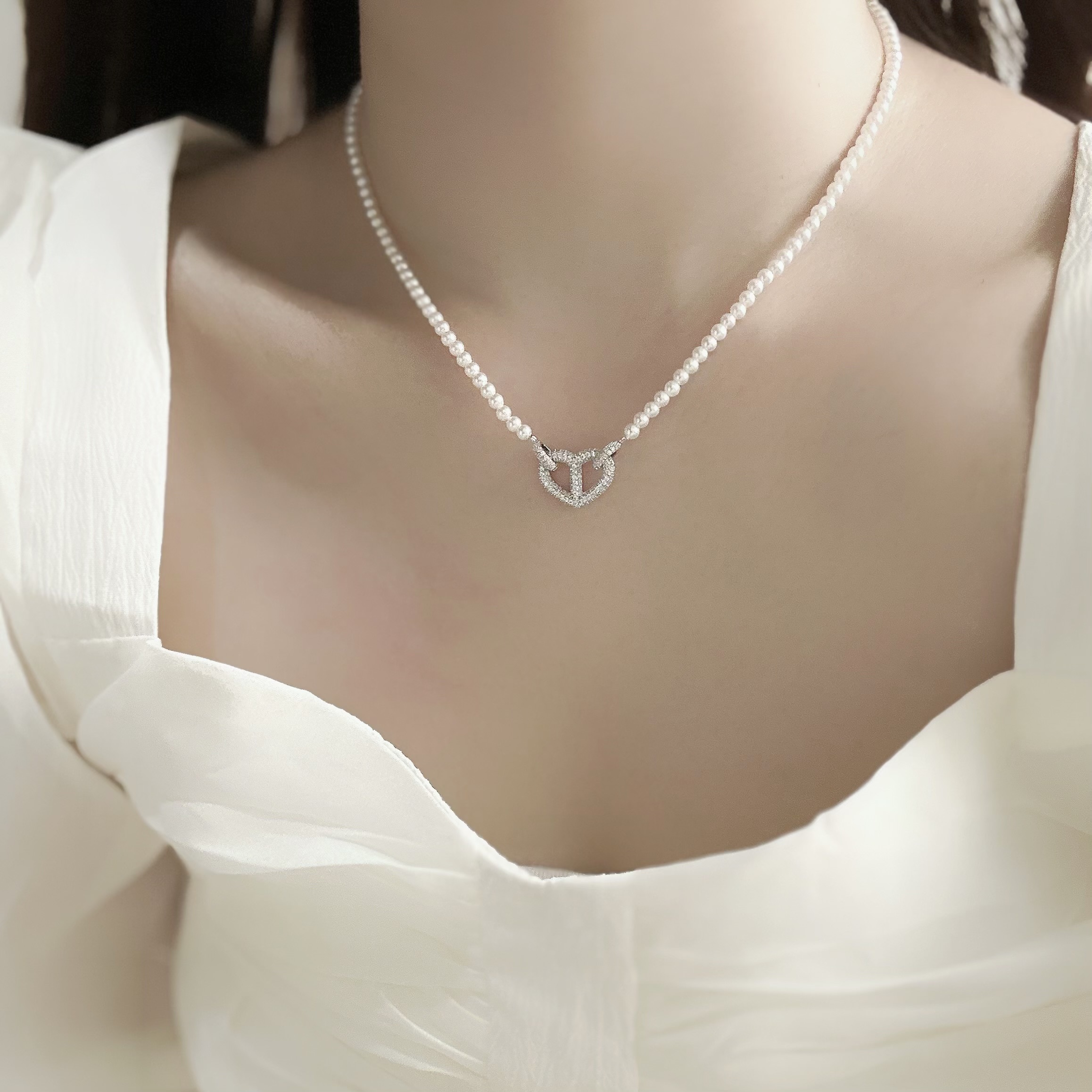D74排鑽愛心珍珠頸鏈