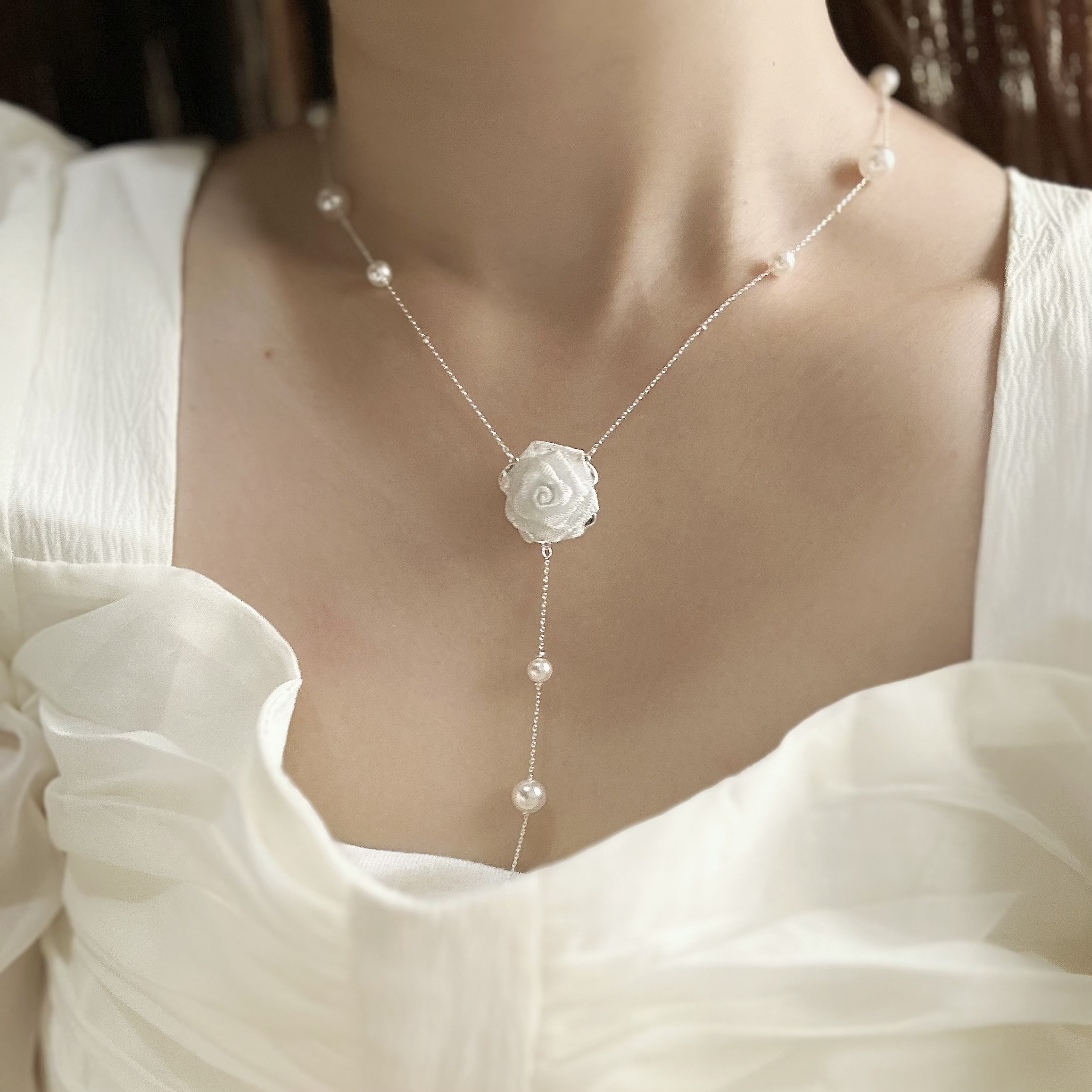 D73網紗玫瑰花珍珠頸鏈
