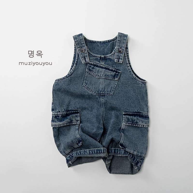 斜口袋牛仔吊帶褲