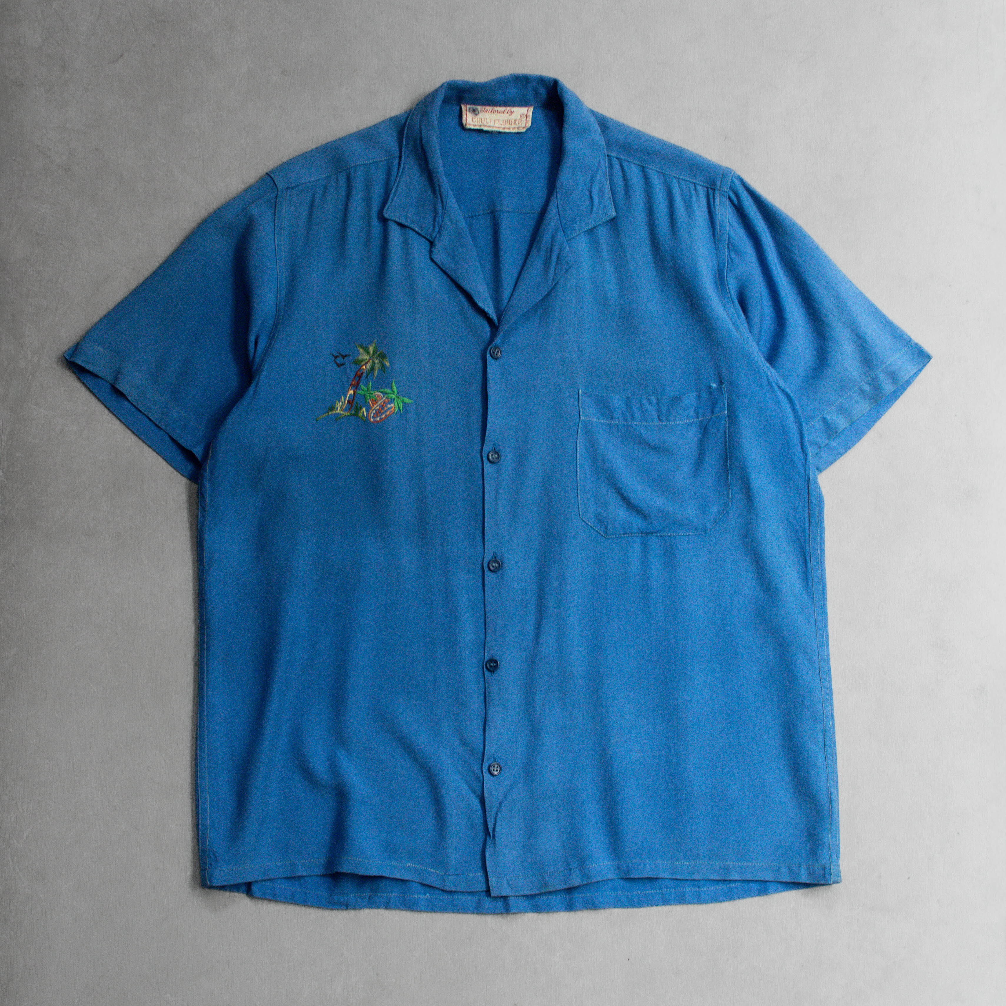 50-60S RAYON OPEN COLLAR SHIRT 美國製 藍色 夏威夷 嫘縈 開領 短袖 襯衫