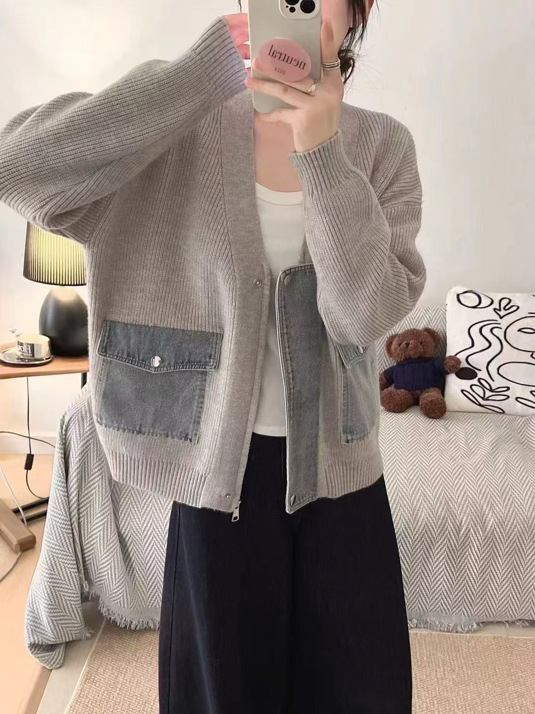 MI5004 牛仔布拼針織外套