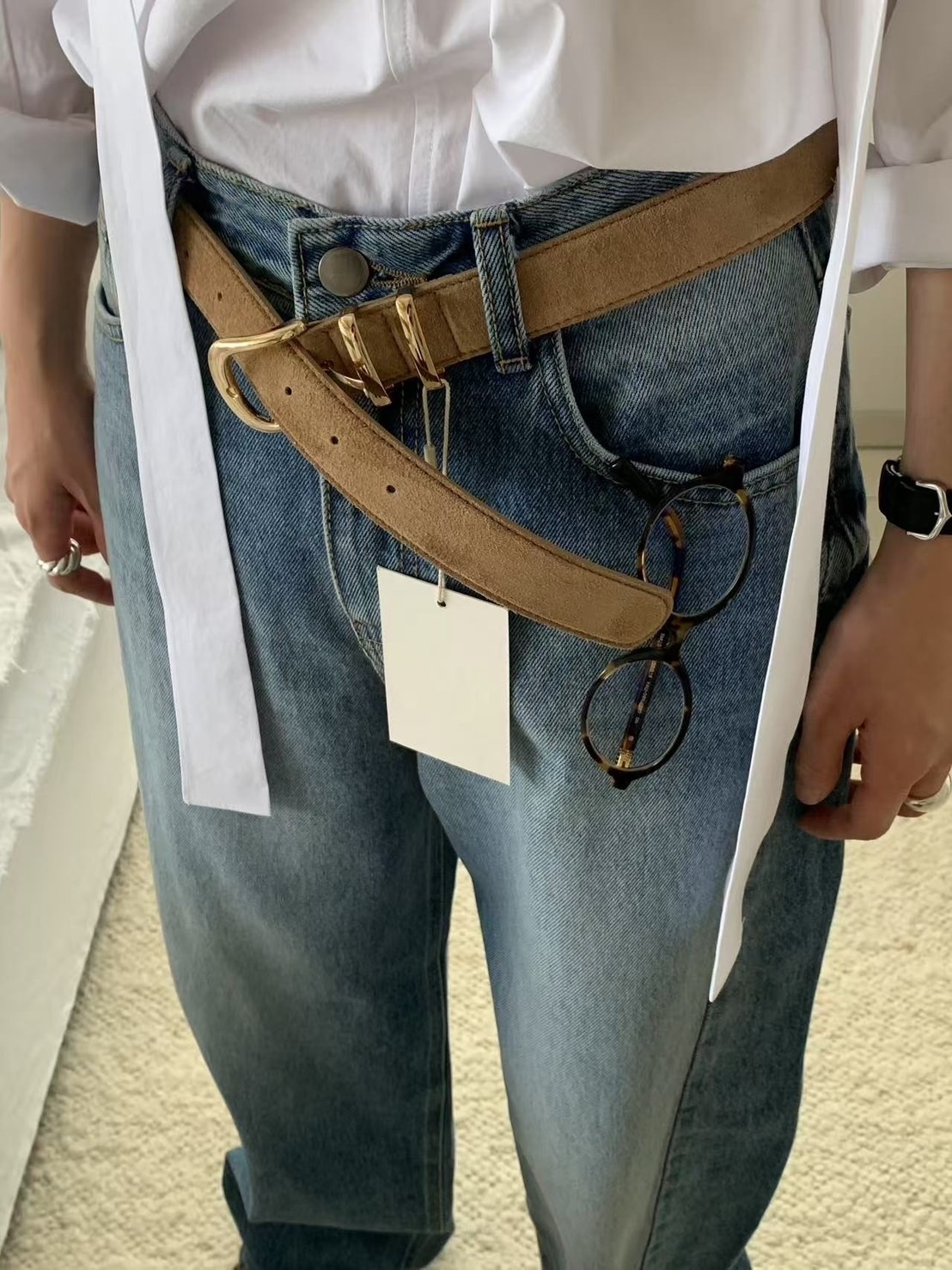 正韓麂皮金釦皮帶