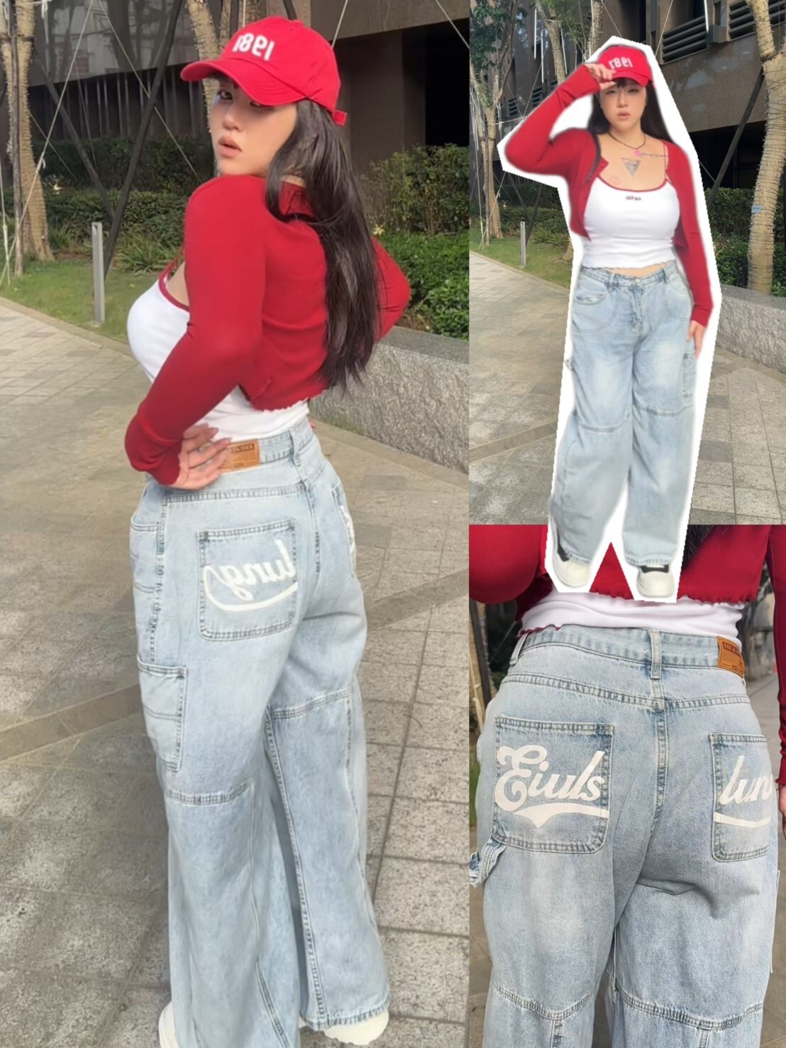 工裝拼布設計款字母口袋牛仔直筒褲