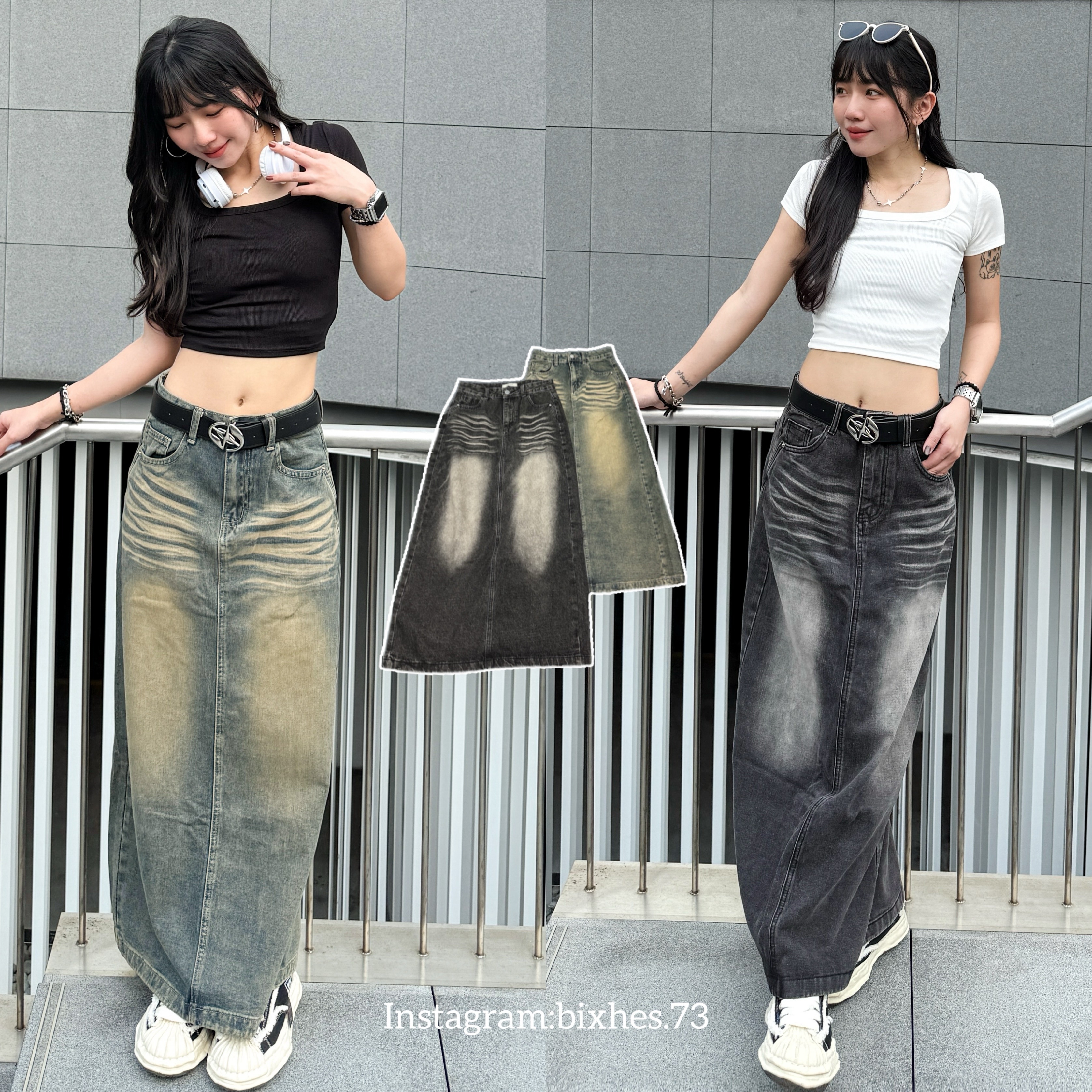 刷舊水洗感牛仔長裙(D00016)