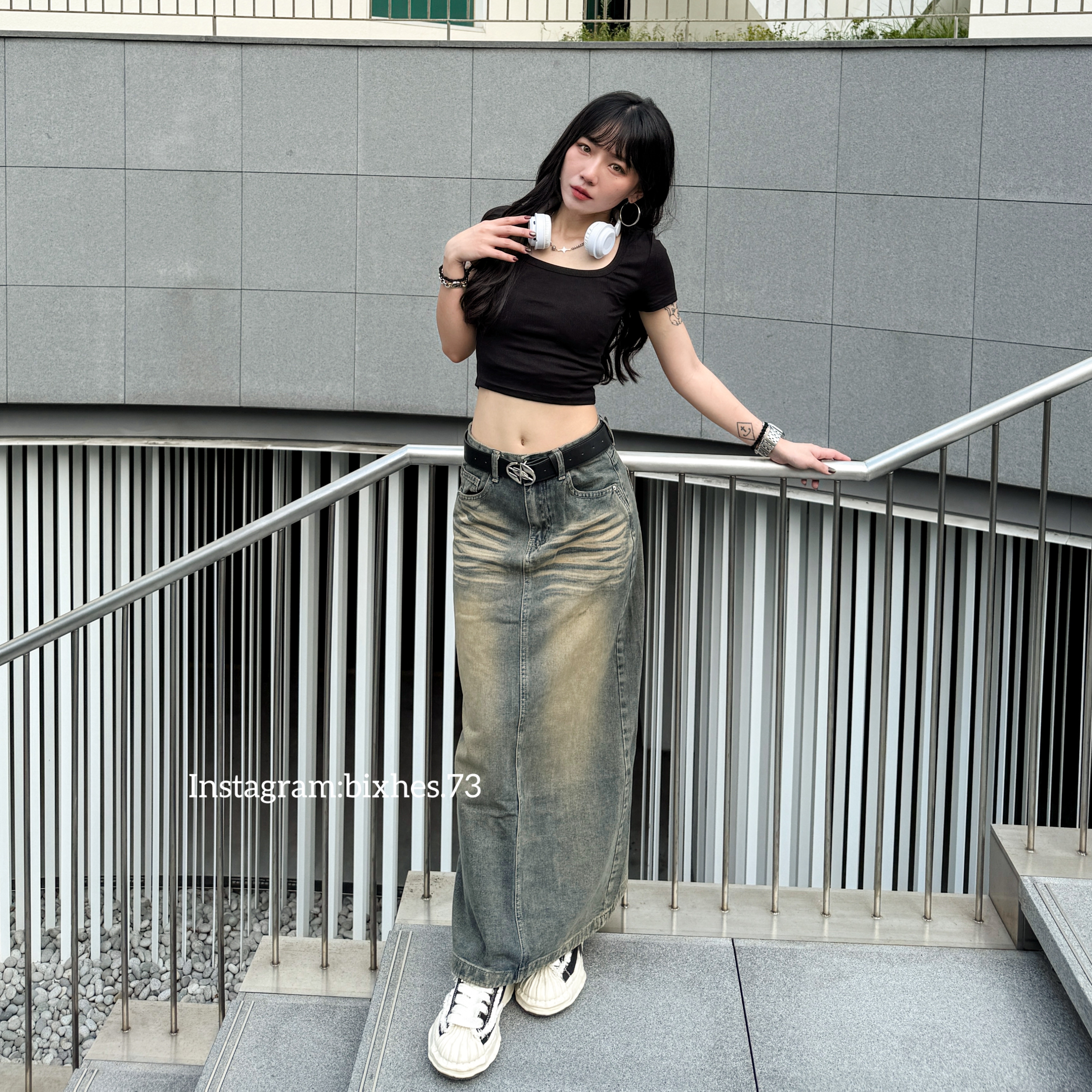 刷舊水洗感牛仔長裙(D00016)