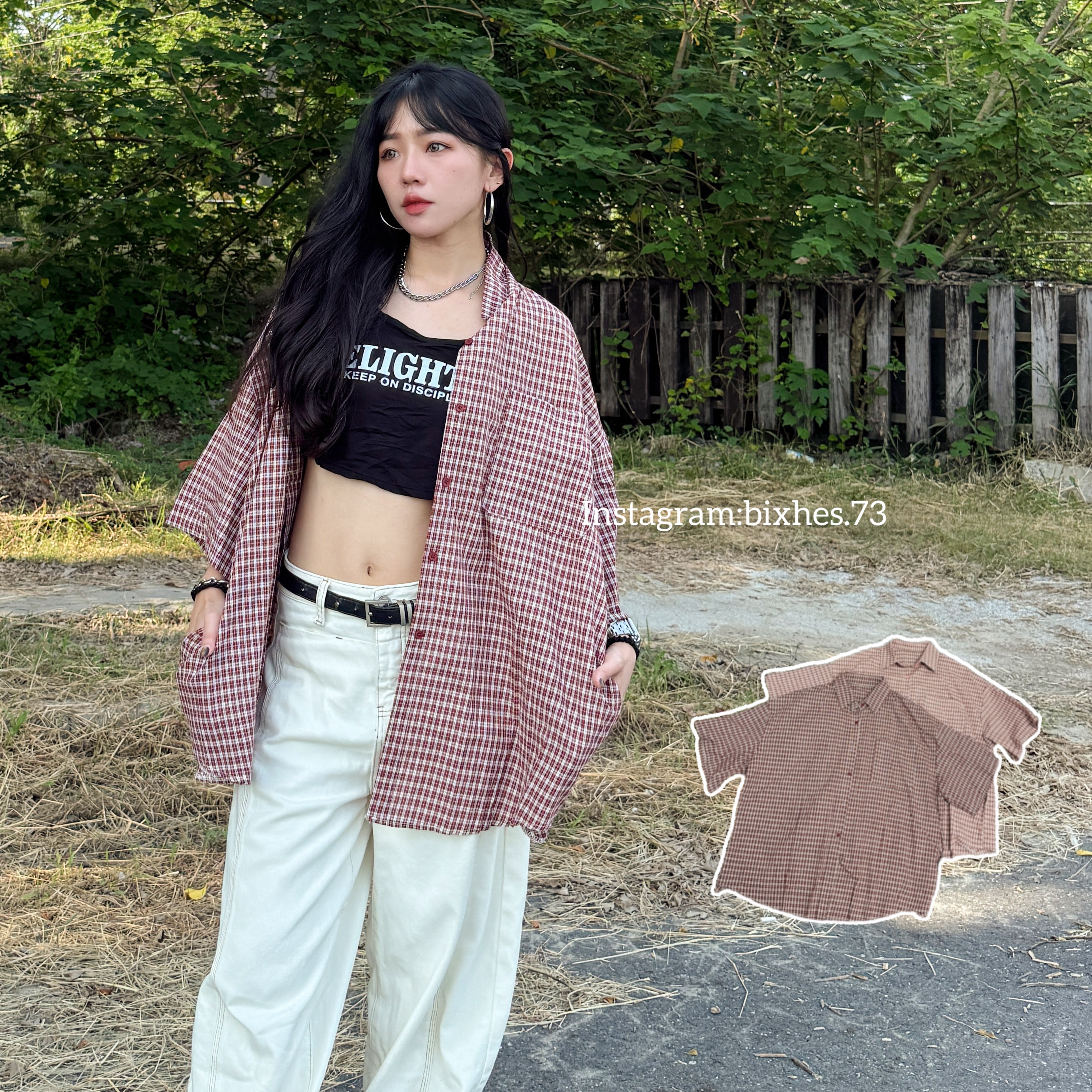 格紋超寬版口袋短袖襯衫(G00056)