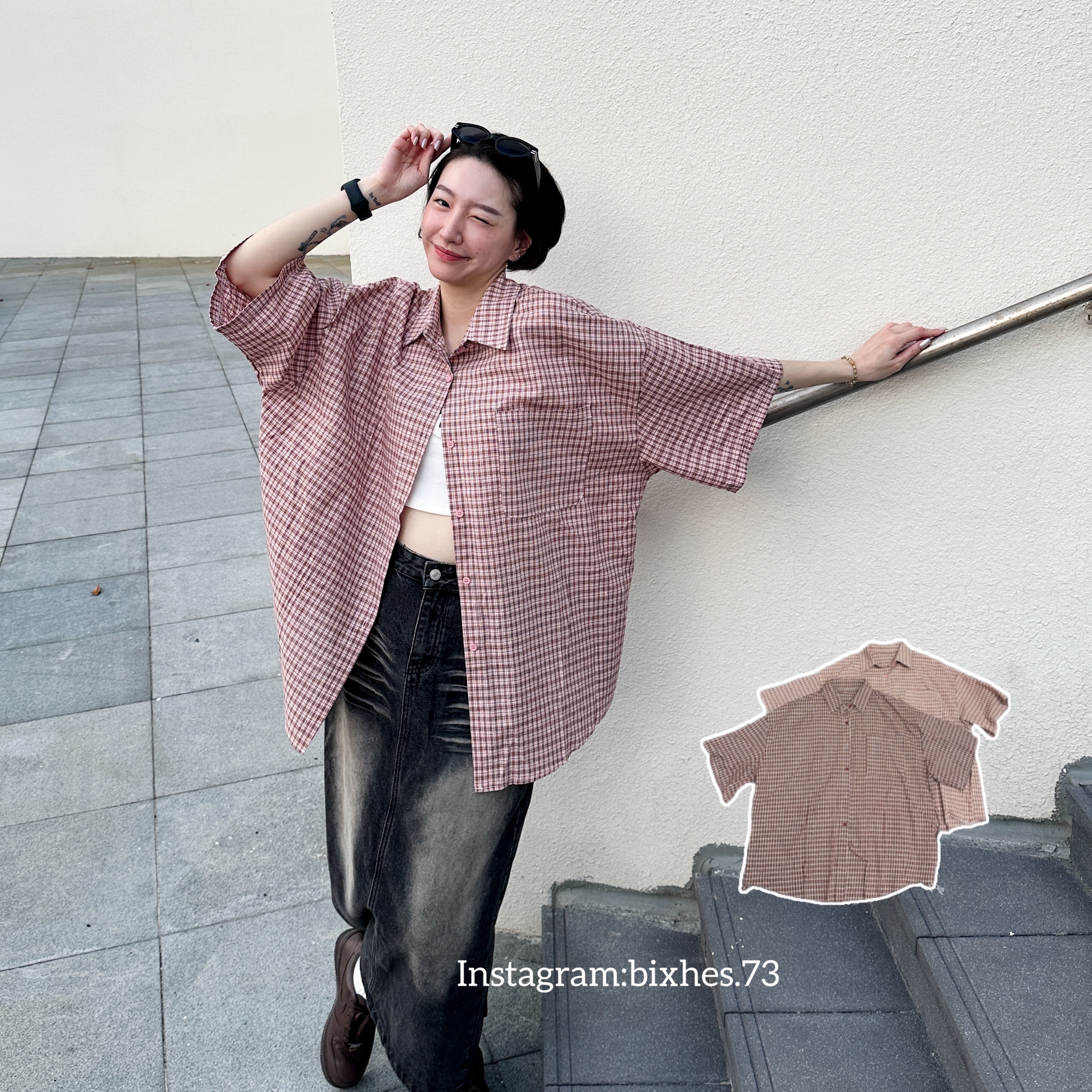 格紋超寬版口袋短袖襯衫(G00056)