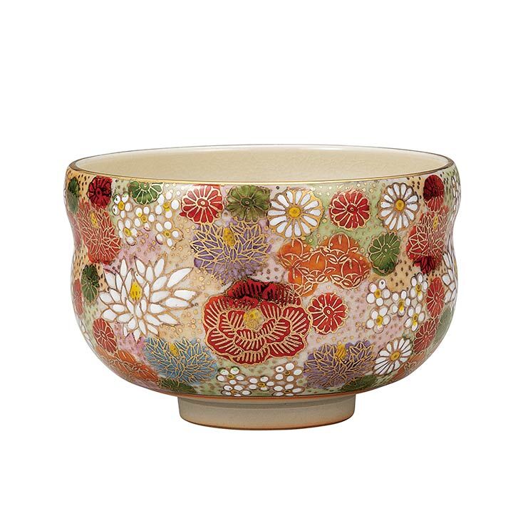 日本製 九谷燒 抹茶碗 花