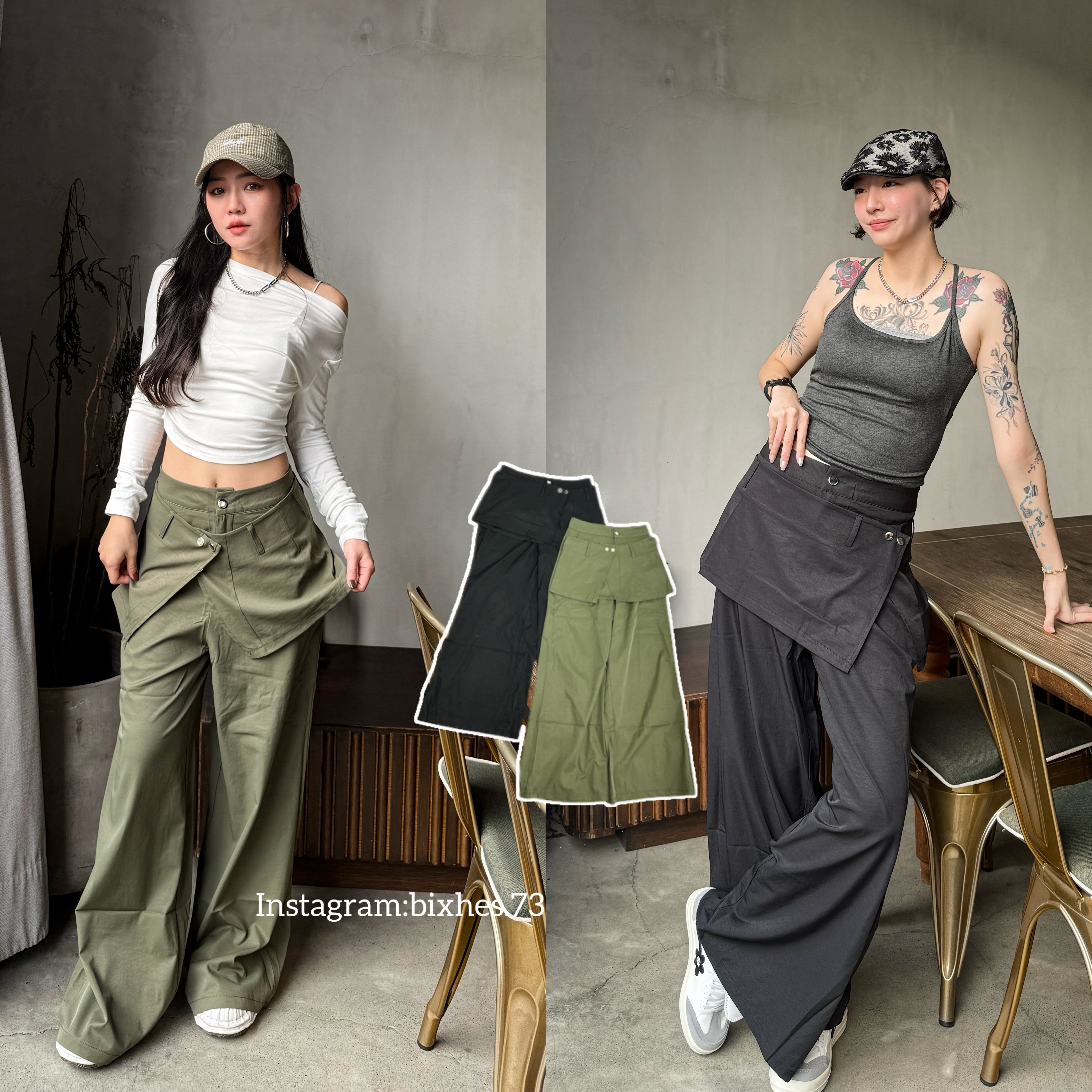 美式疊穿感拼接裙長褲(E00001)