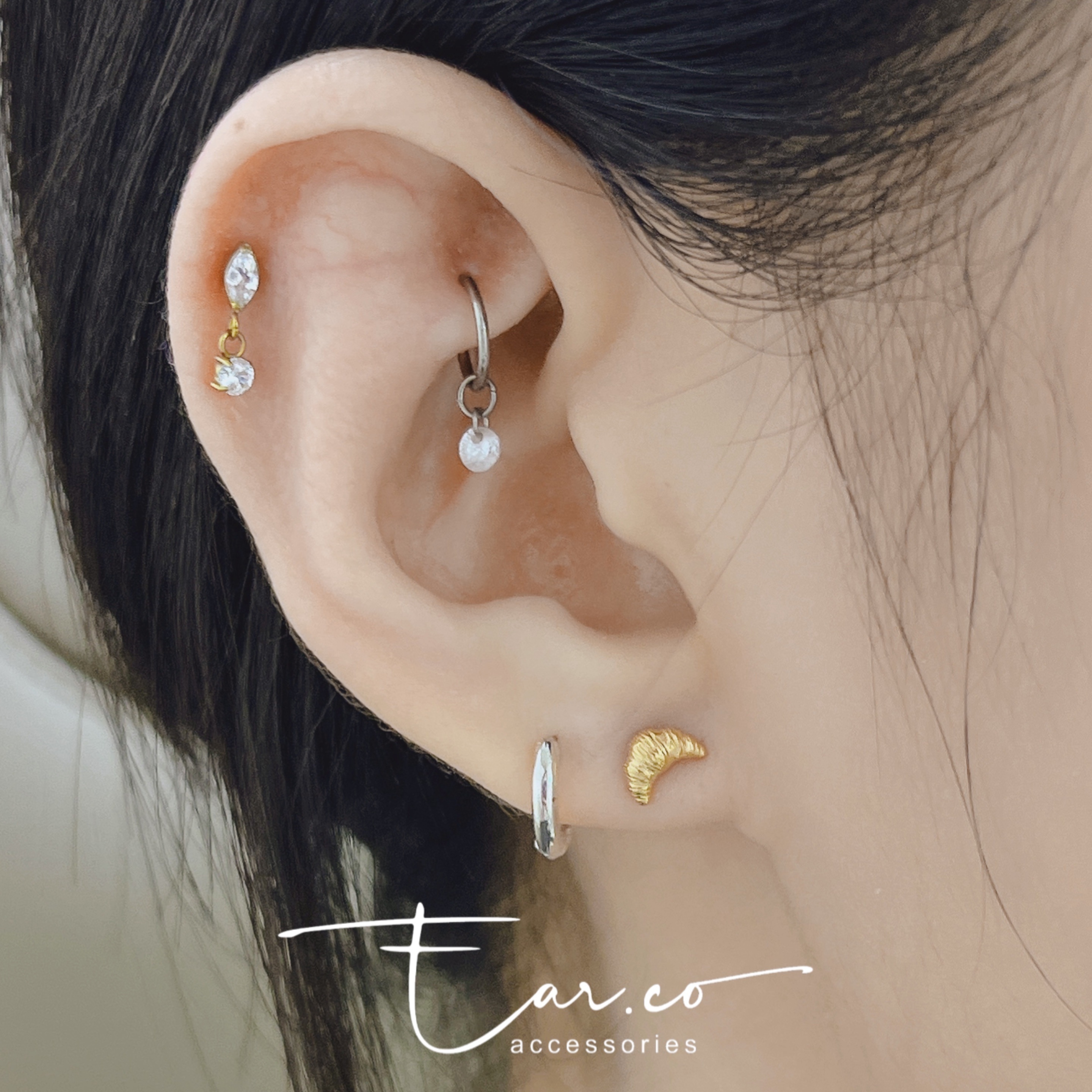 牛角包&甜甜圈平頭耳門/耳珠/耳骨釘 [G23 Titanium]