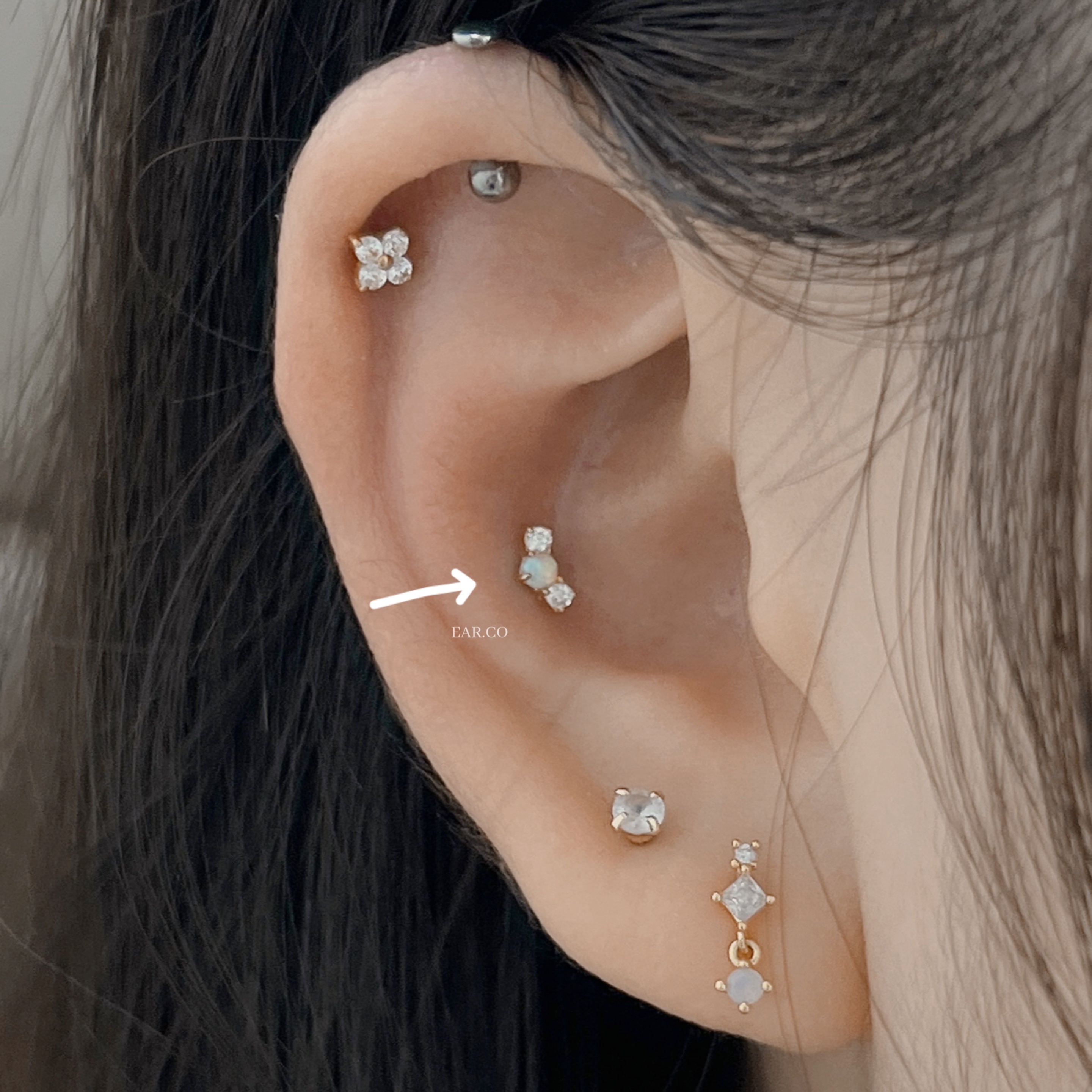 Opal閃石小彎形平頭耳門/耳珠/耳骨釘 [G23 Titanium]