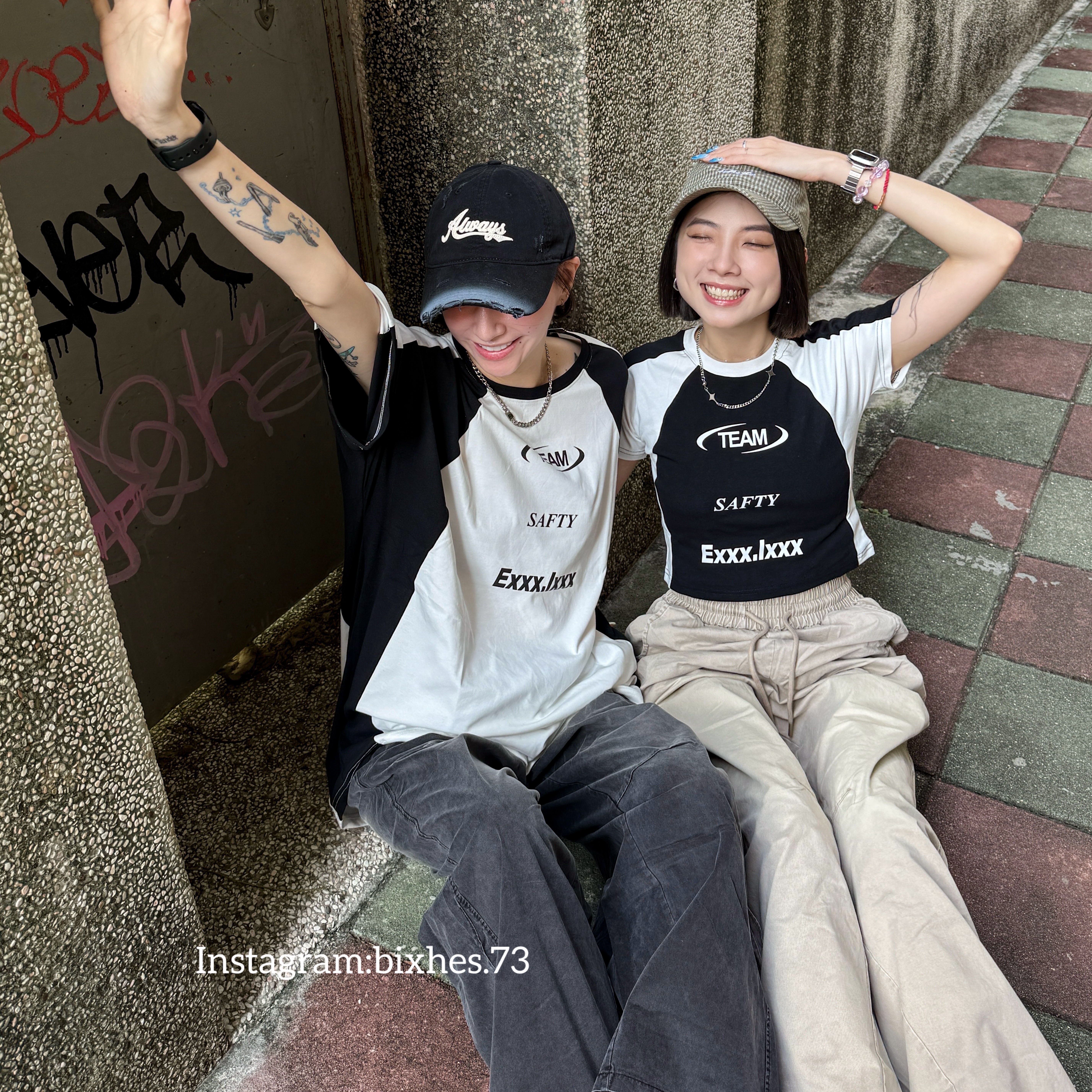 美式拼接賽車寬鬆短T(A00044)