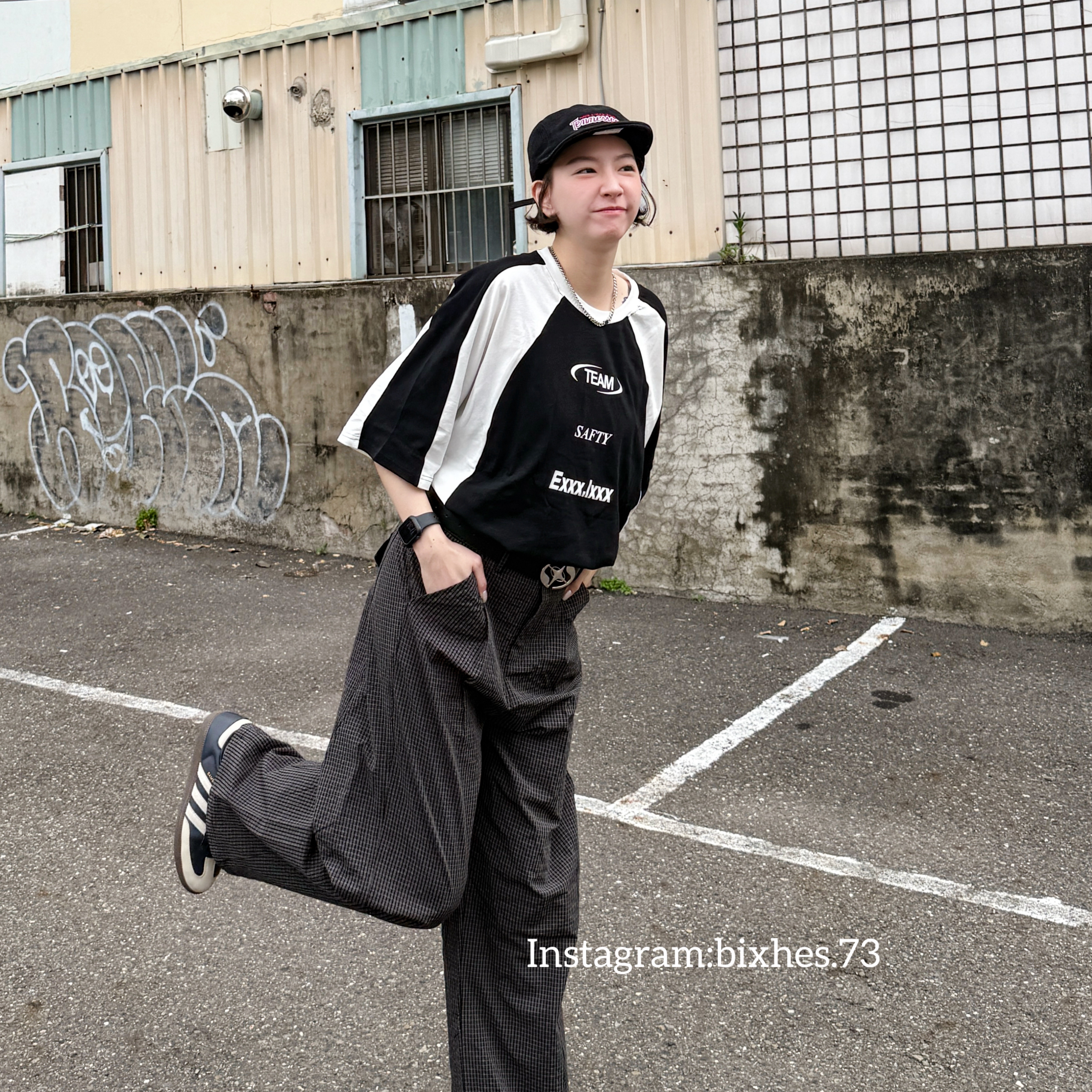 美式拼接賽車寬鬆短T(A00044)