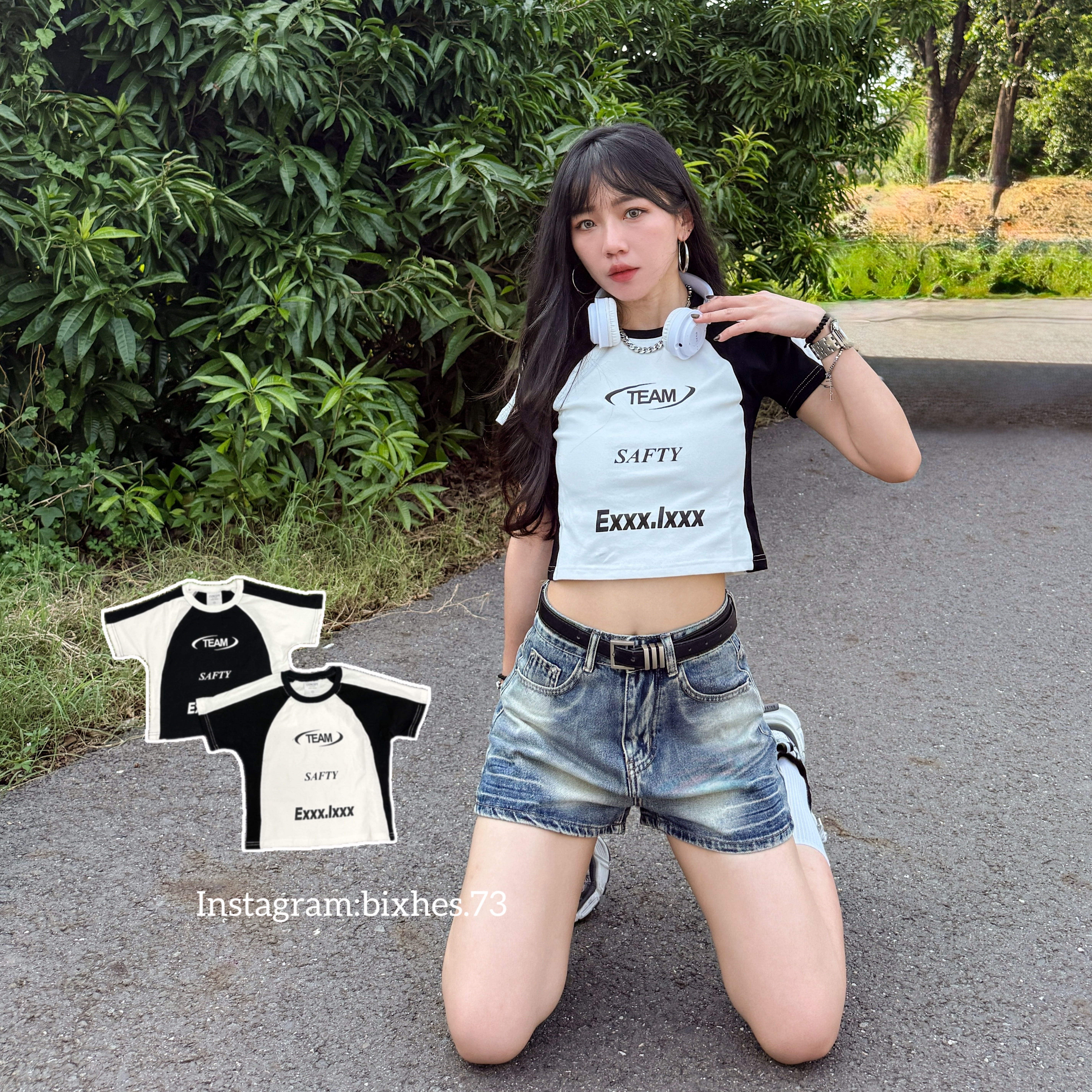 美式拼接賽車短版短T(A00043)