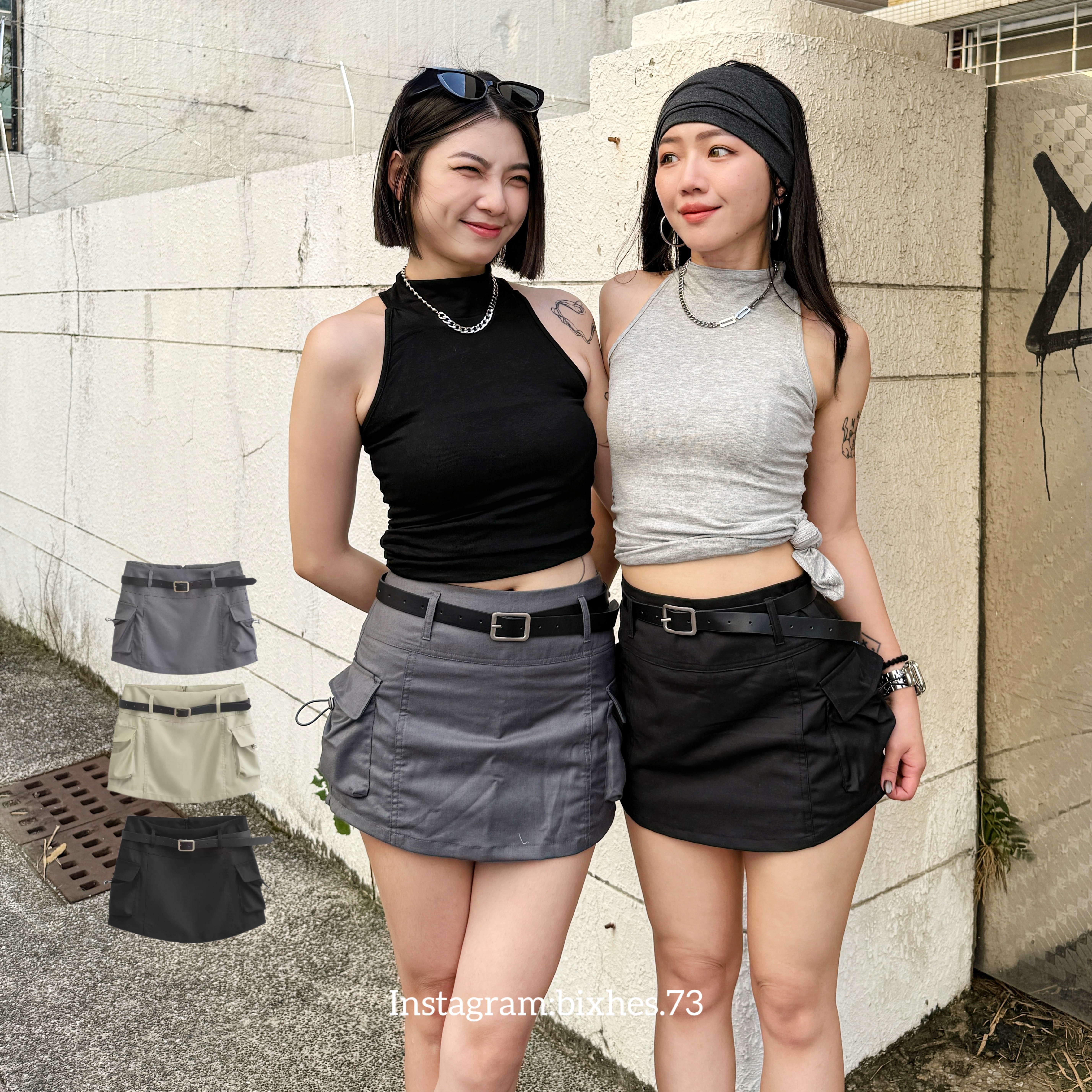 雙口袋A字附皮帶工裝短裙(D00027)