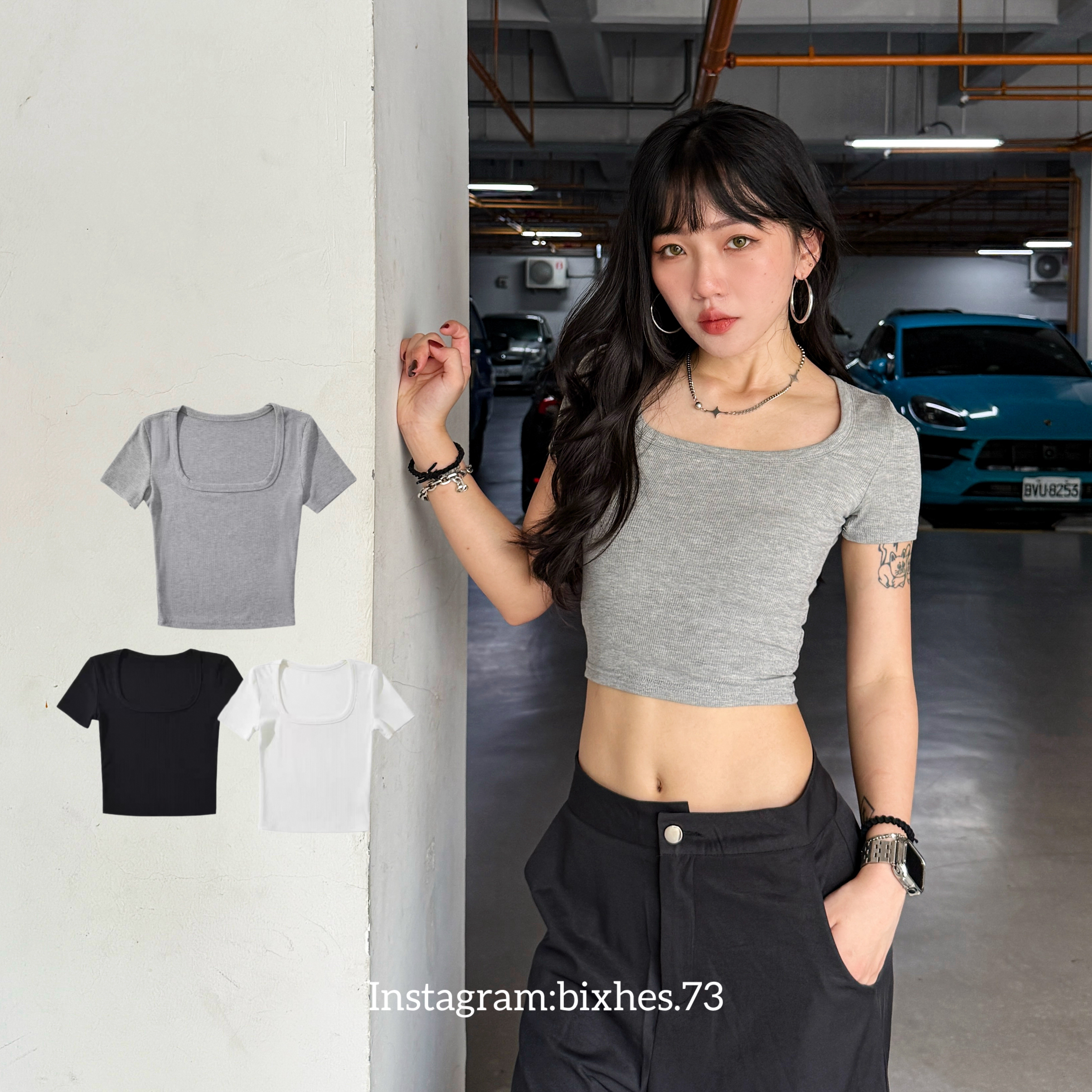 大方領素面短袖短版T(A00056)