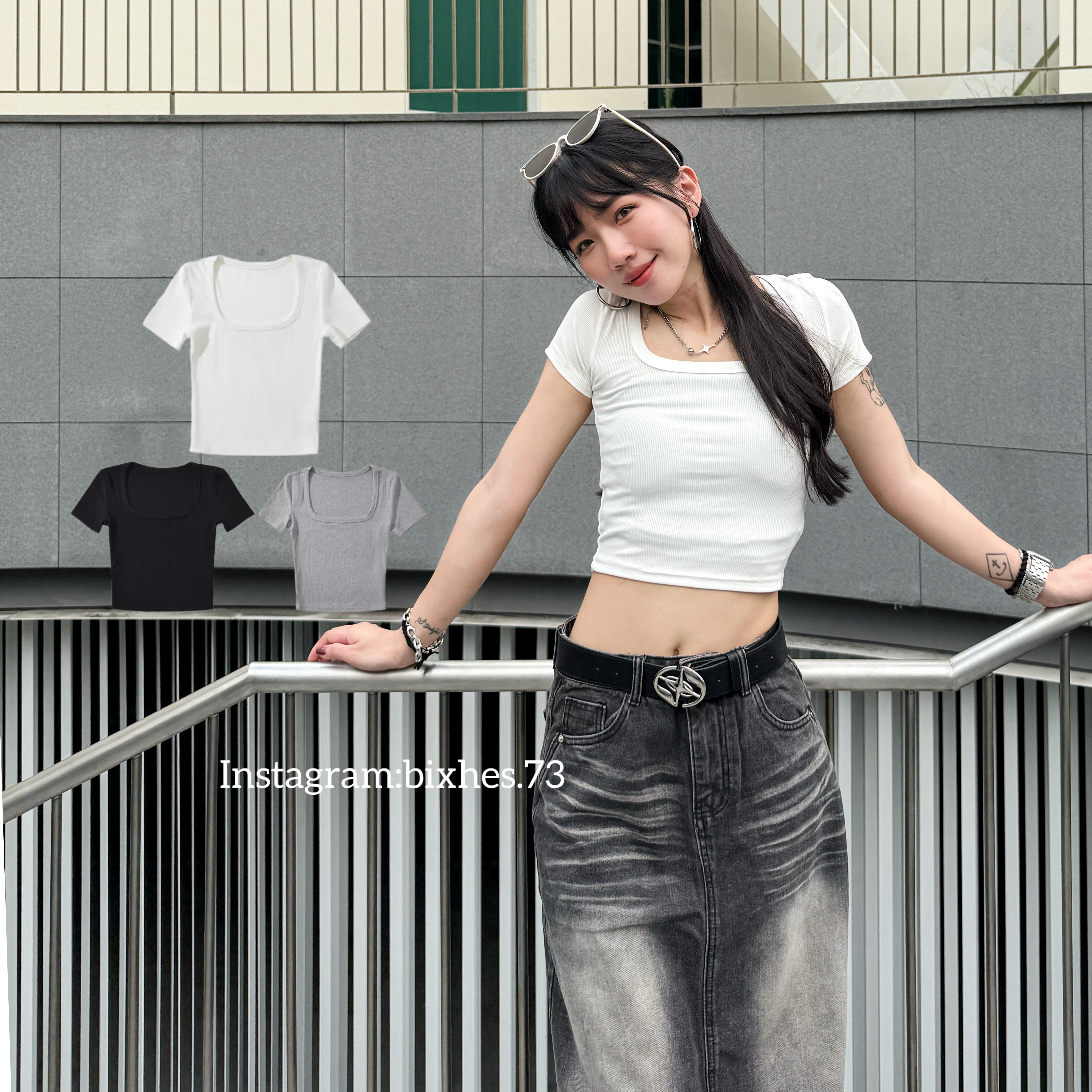 大方領素面短袖短版T(A00056)