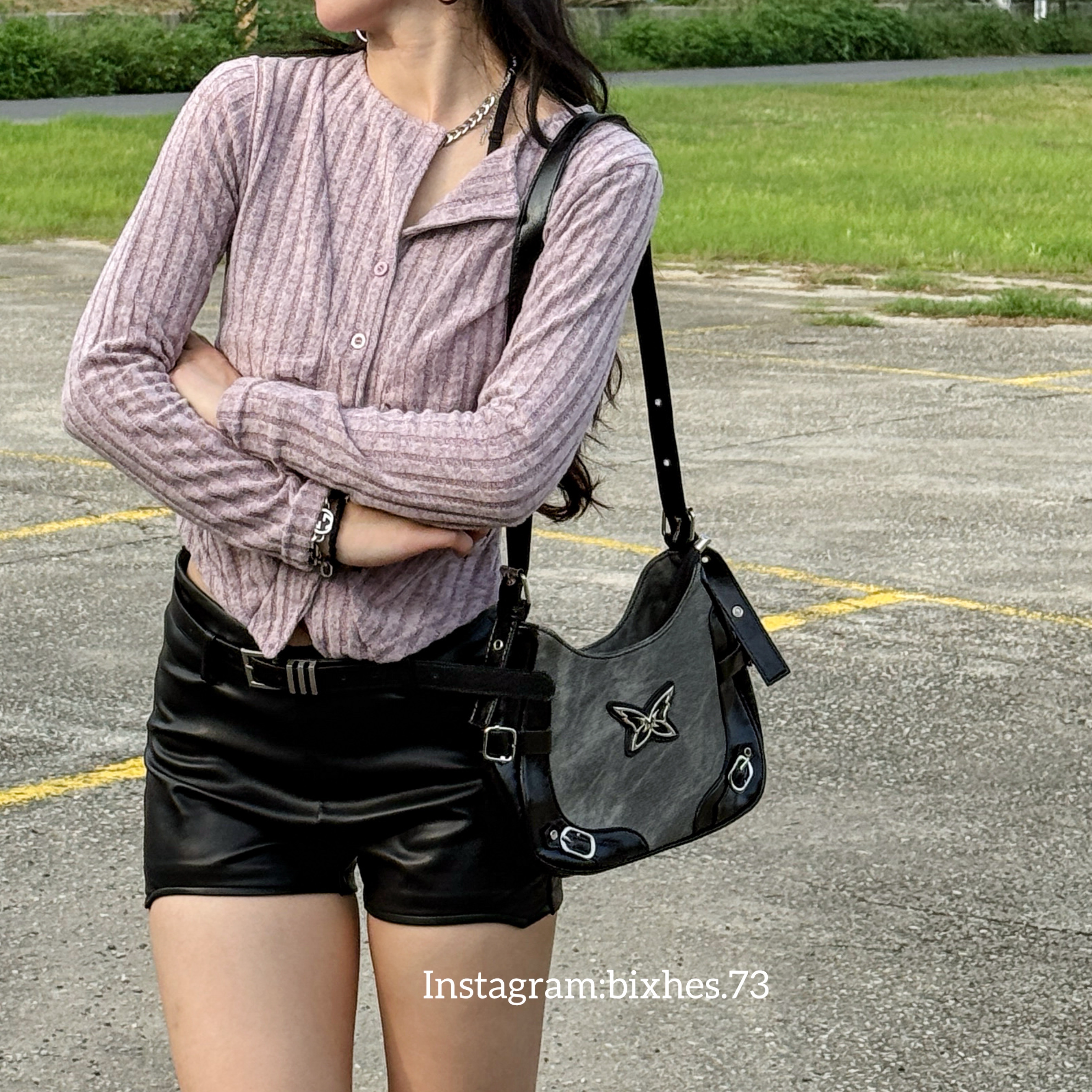 蝴蝶拼接灰底機車包(M00004)