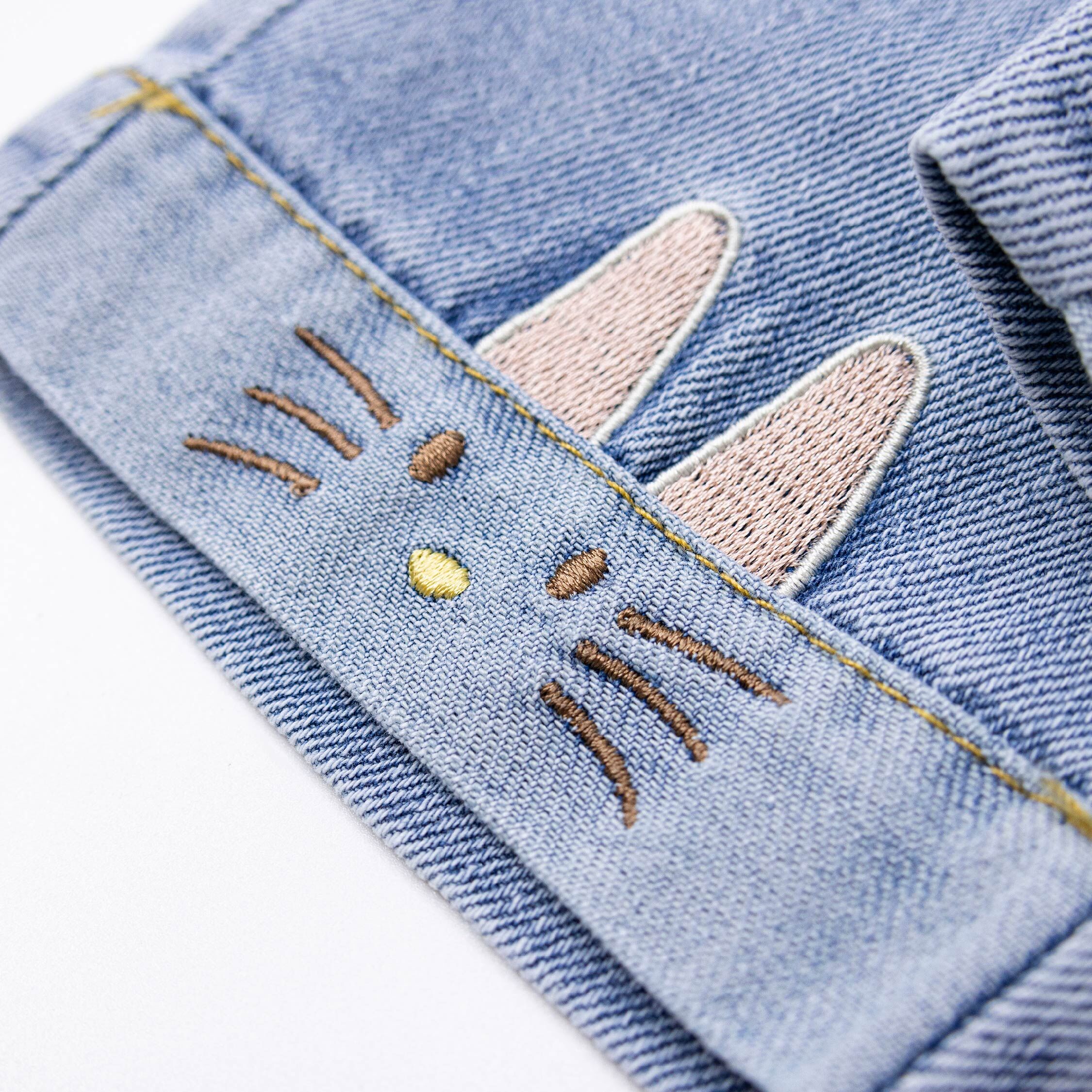 【H55299】可愛對稱貓貓刺繡牛仔長褲