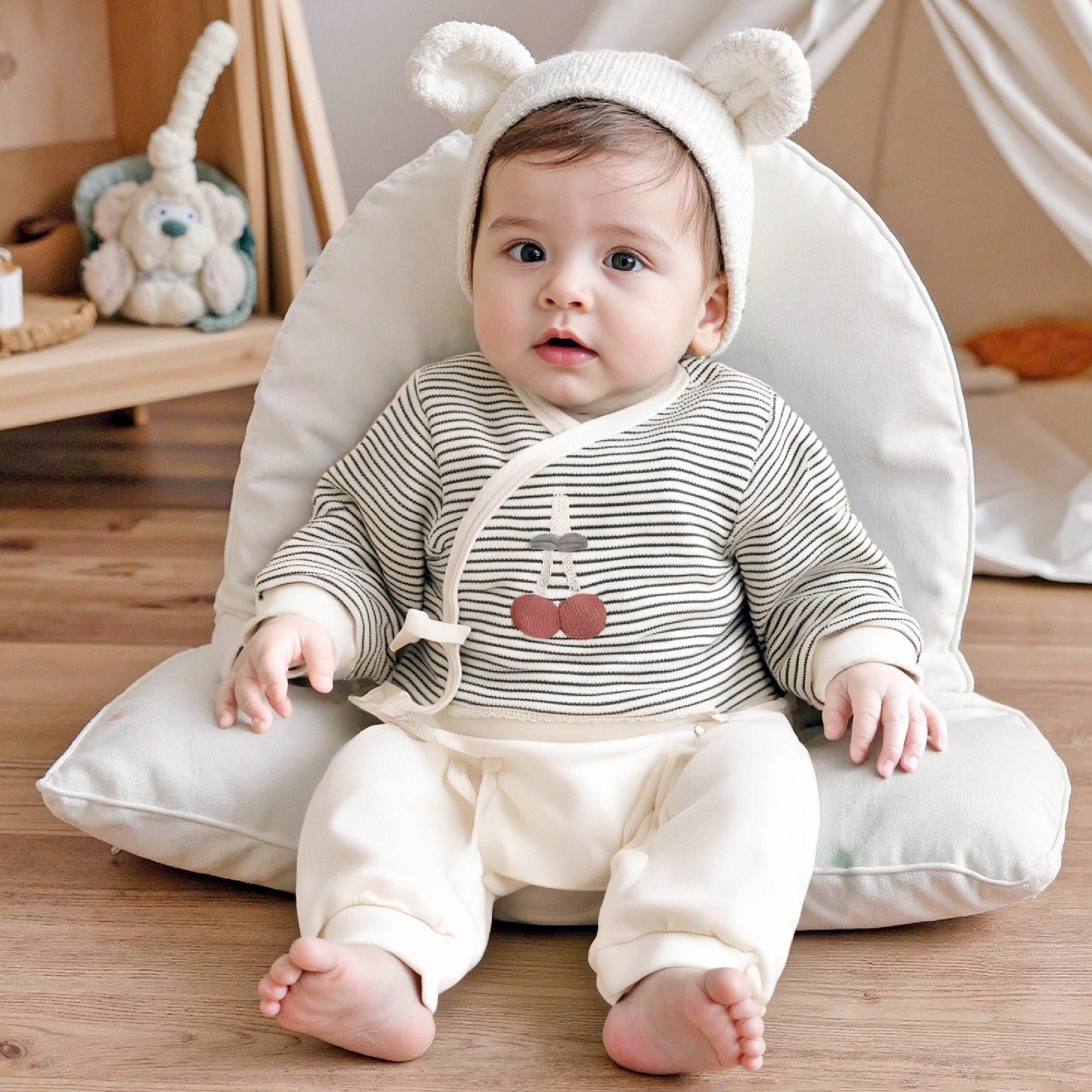 純淨系列【T5000】可口櫻桃刺繡條紋鋪棉連身衣