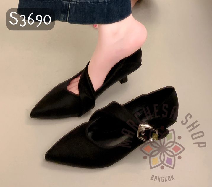 S3690 - 羊皮絲綢鈄帶尖頭高踭鞋