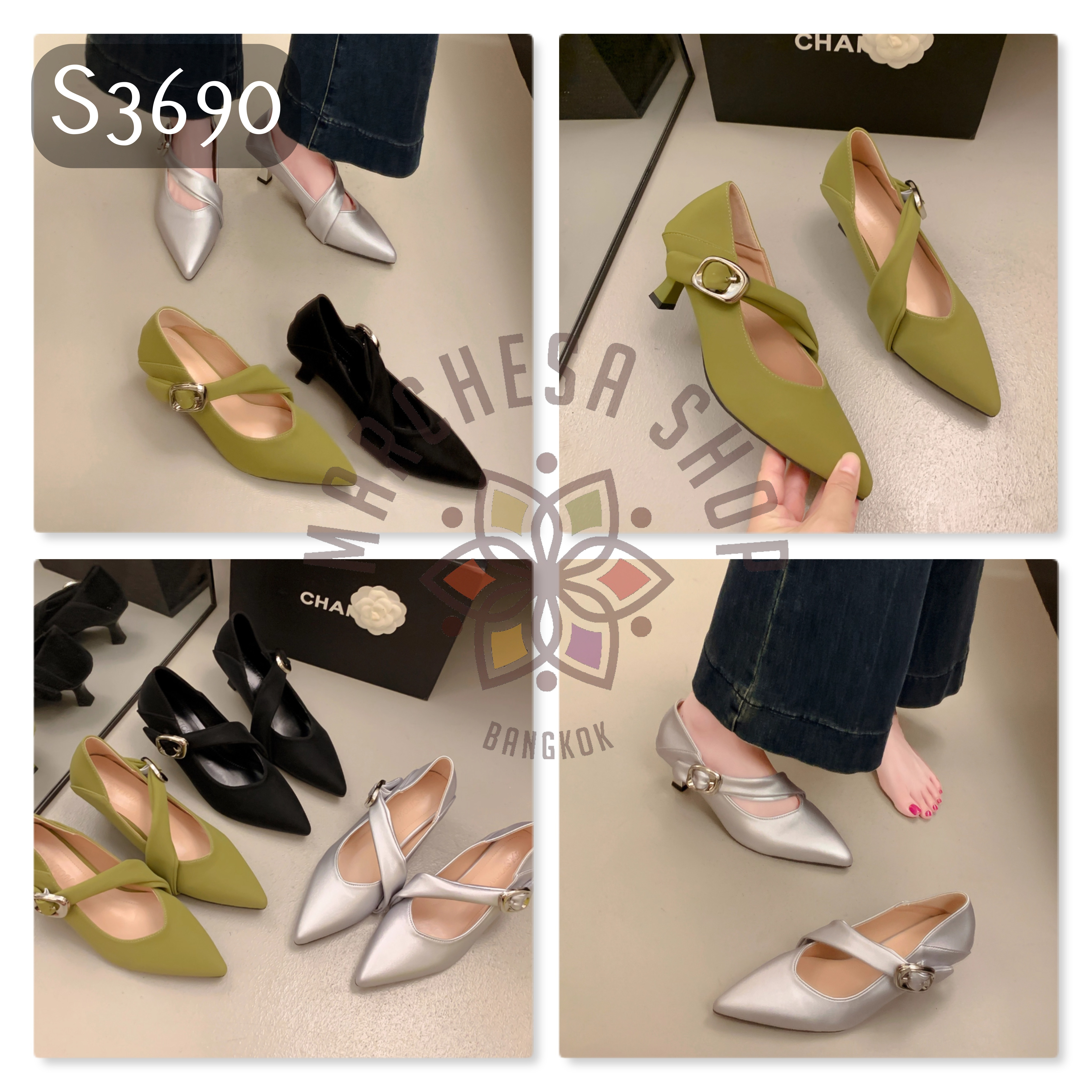 S3690 - 羊皮絲綢鈄帶尖頭高踭鞋