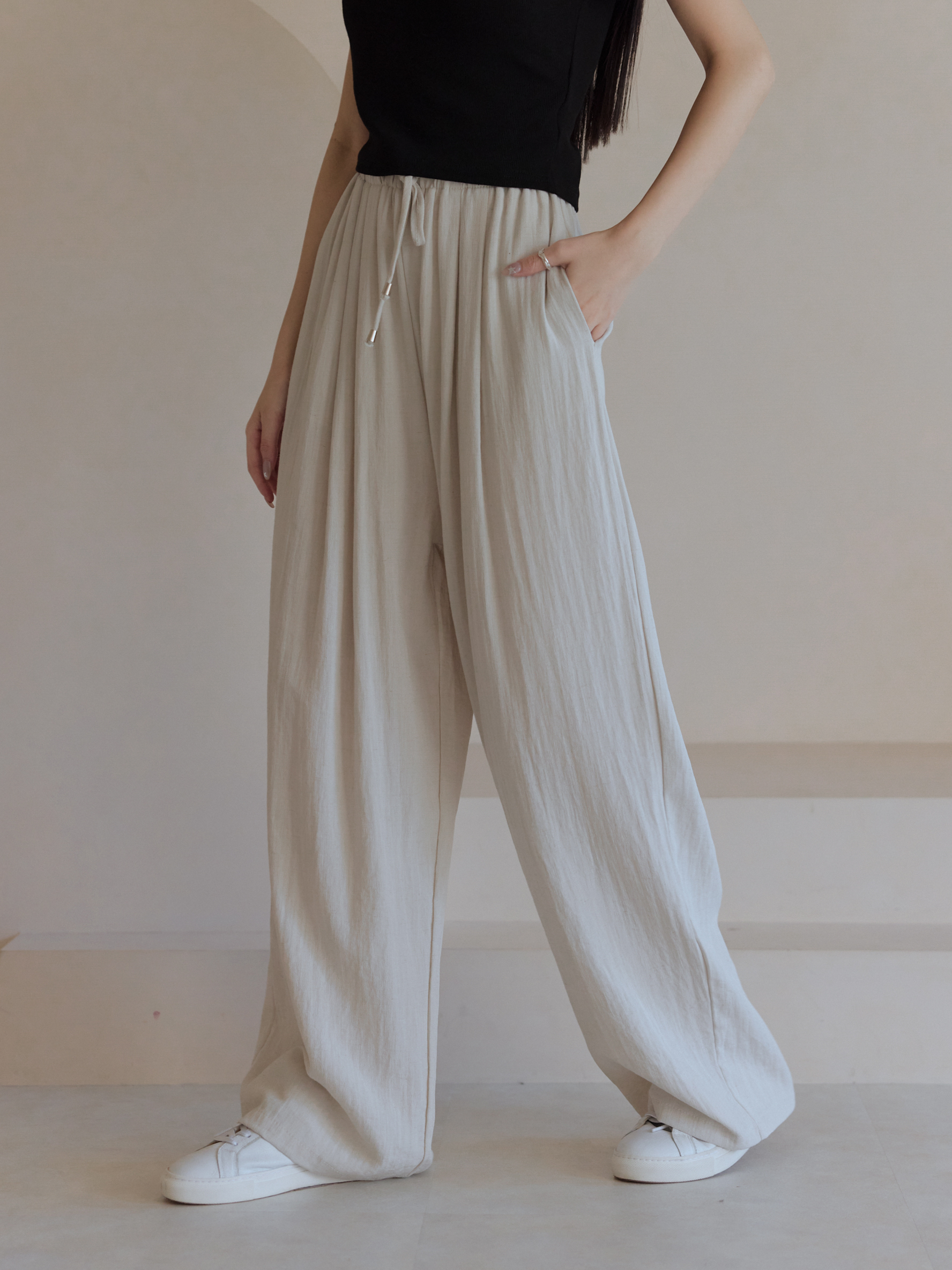 輕盈棉麻綁帶寬褲