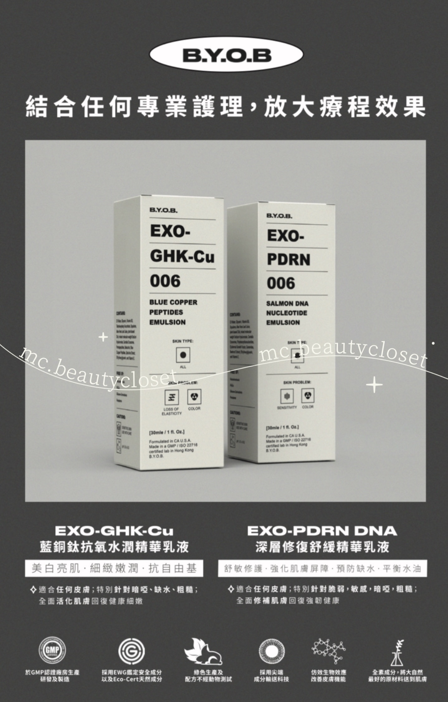 B.Y.O.B 精華乳液 (GHK-Cu 藍銅鈦抗氧水潤精華乳液 / EXO-PDRN 深層修復舒緩精華乳液 ) 30ml