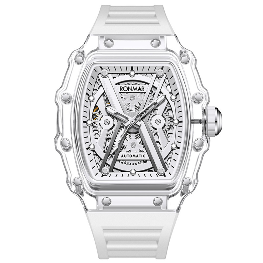【RONMAR羅馬】冰原系列 RM-BA01 酒桶款 夜光指針刻度 高透光PMMA錶殼圈 鏤空錶蓋 動力儲存 機械 手錶