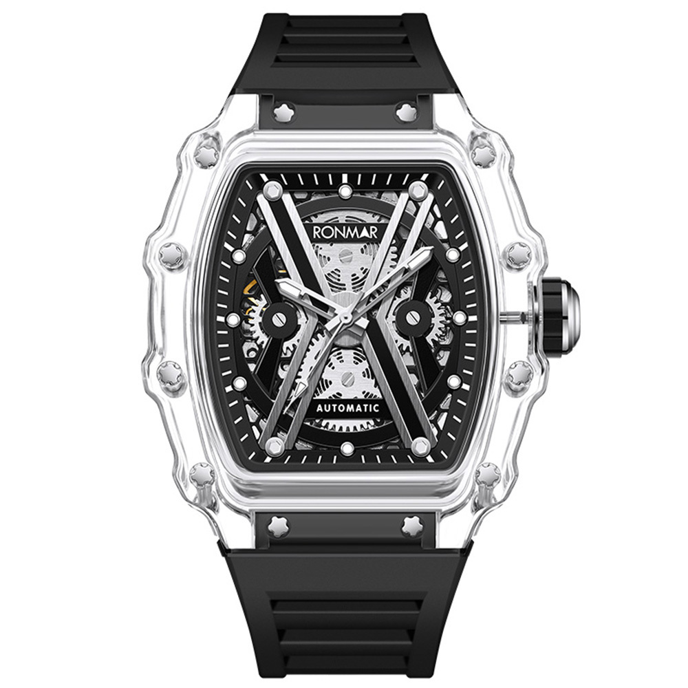 【RONMAR羅馬】冰原系列 RM-BA01 酒桶款 夜光指針刻度 高透光PMMA錶殼圈 鏤空錶蓋 動力儲存 機械 手錶