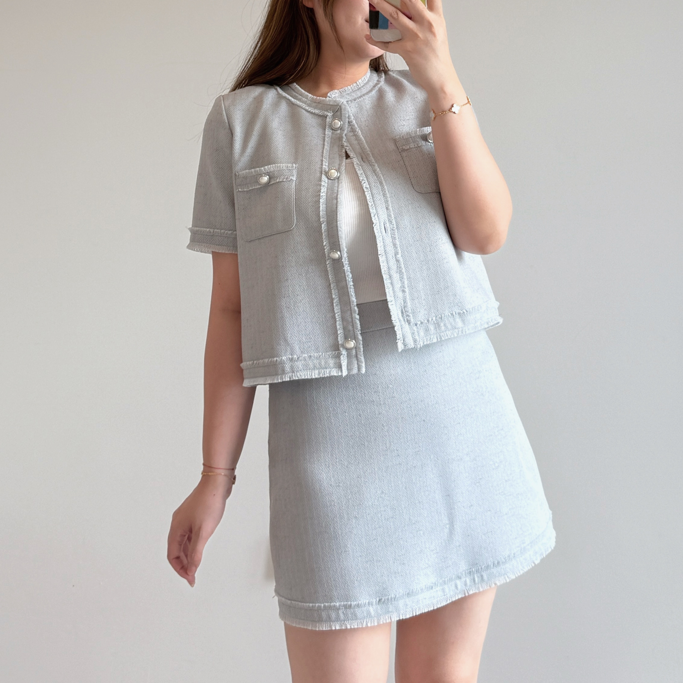 現貨 灰藍色短袖 TWEED外套半裙套裝