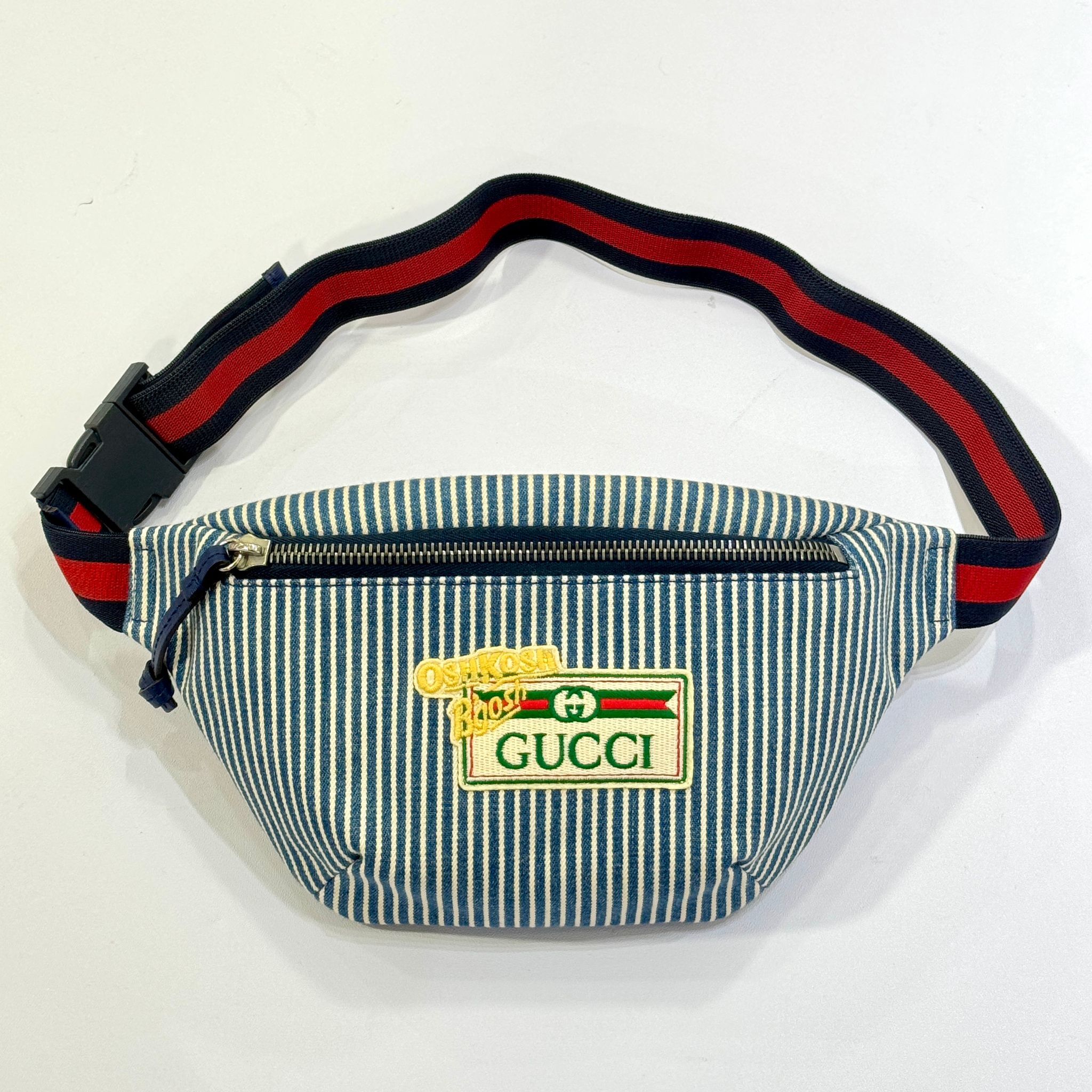 全新GUCCI腰包 502095 藍白間條帆布 紅拼藍腰帶 #BRAND NEW #香榭站正品