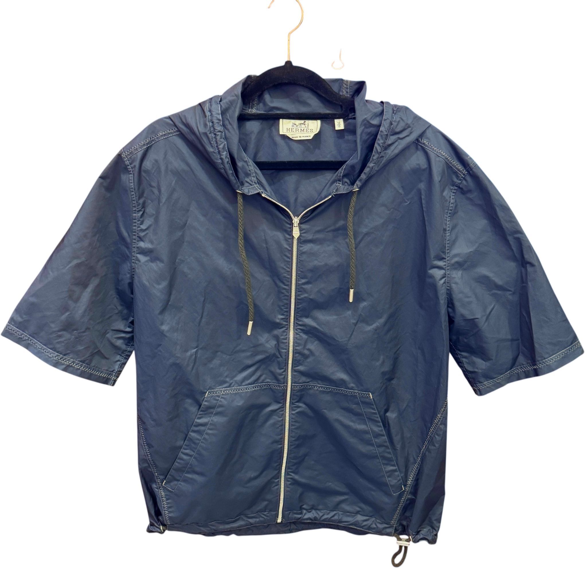 全新HERMES防風外套 女士38碼 深藍色棉質 短袖拉鏈連帽 #BRAND NEW #香榭站正品