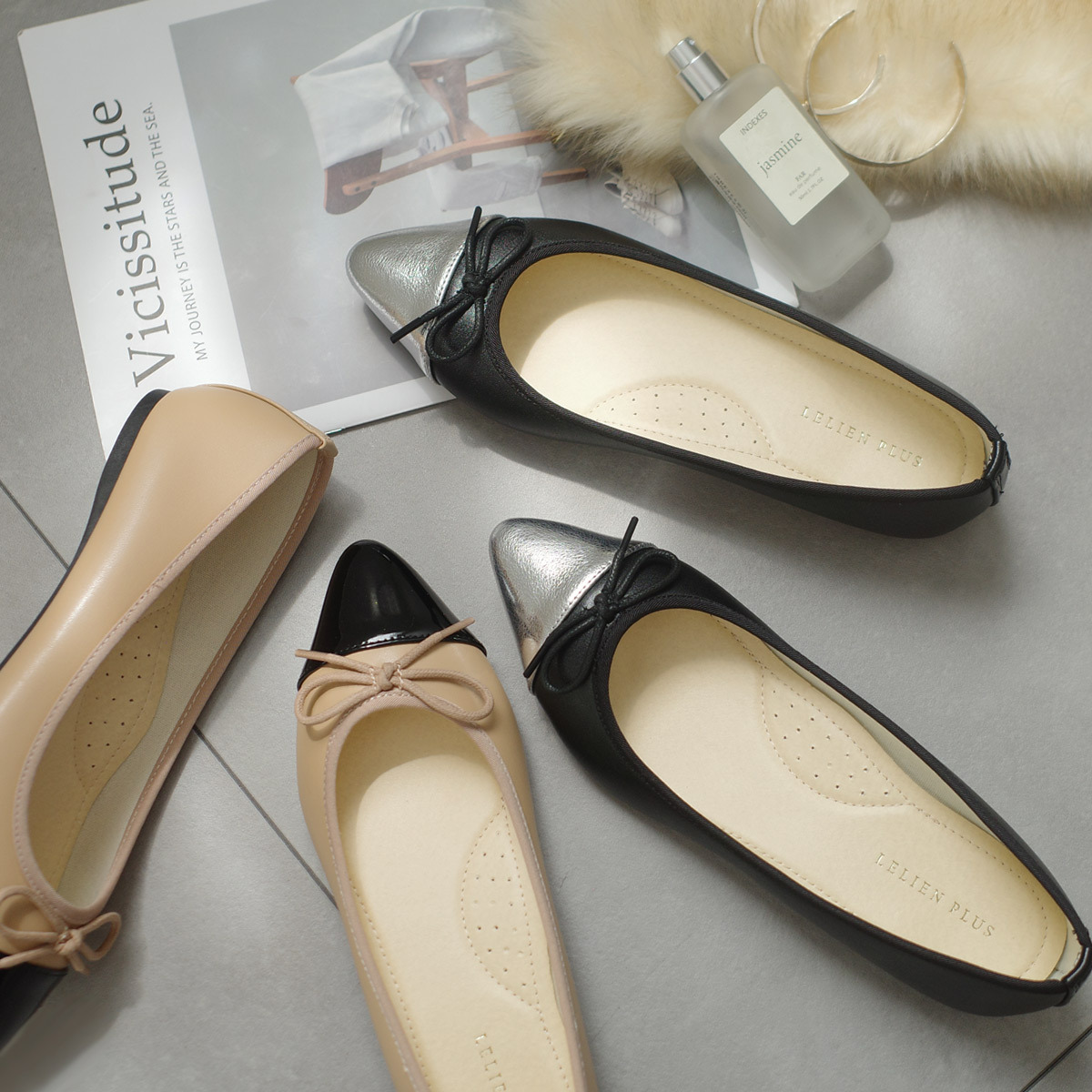 輕如羽毛 尖頭蝴蝶結芭蕾娃娃鞋｜秋冬色