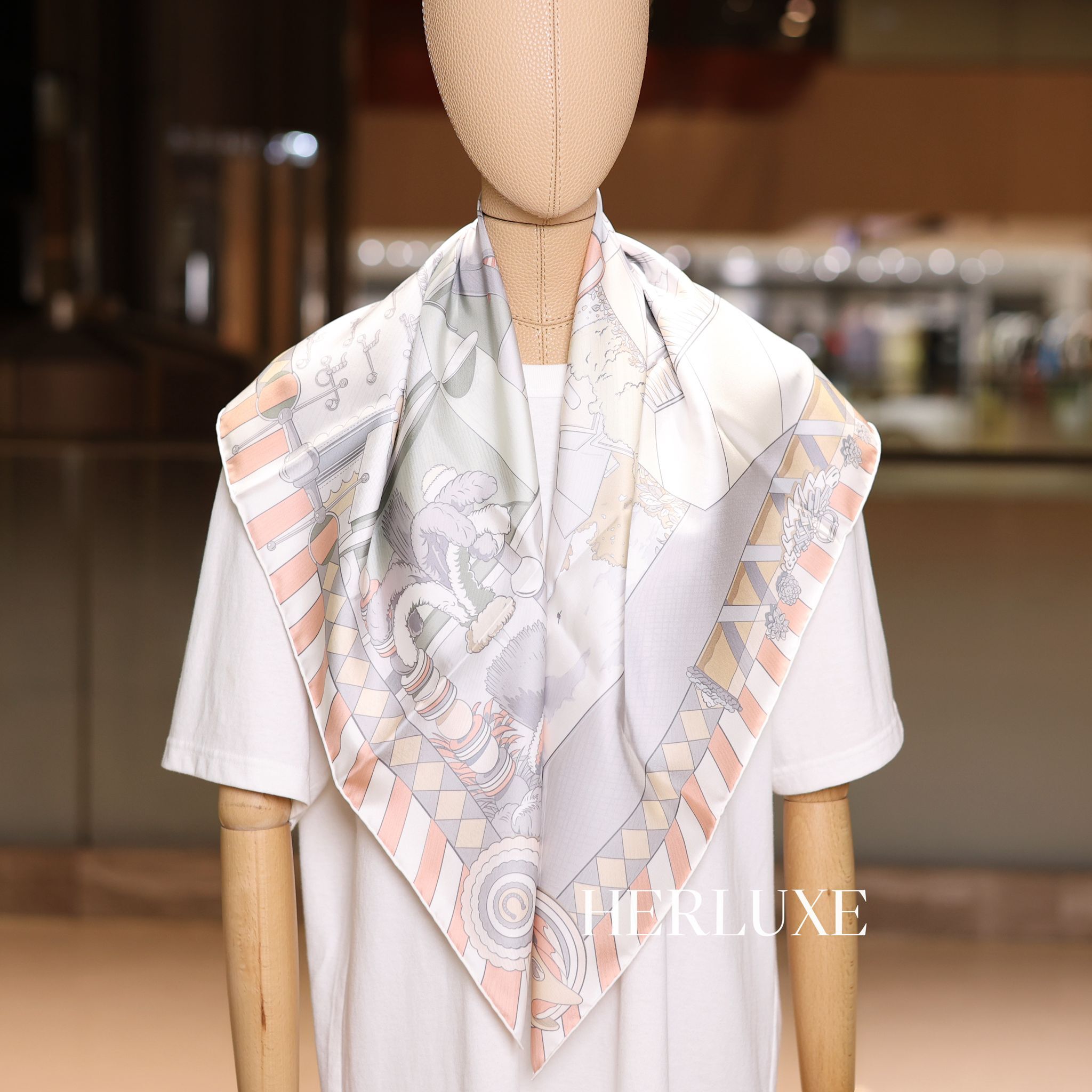 Pony pit stop double face scarf 100%soie 90x90cm Rose poudre/gris/blanc