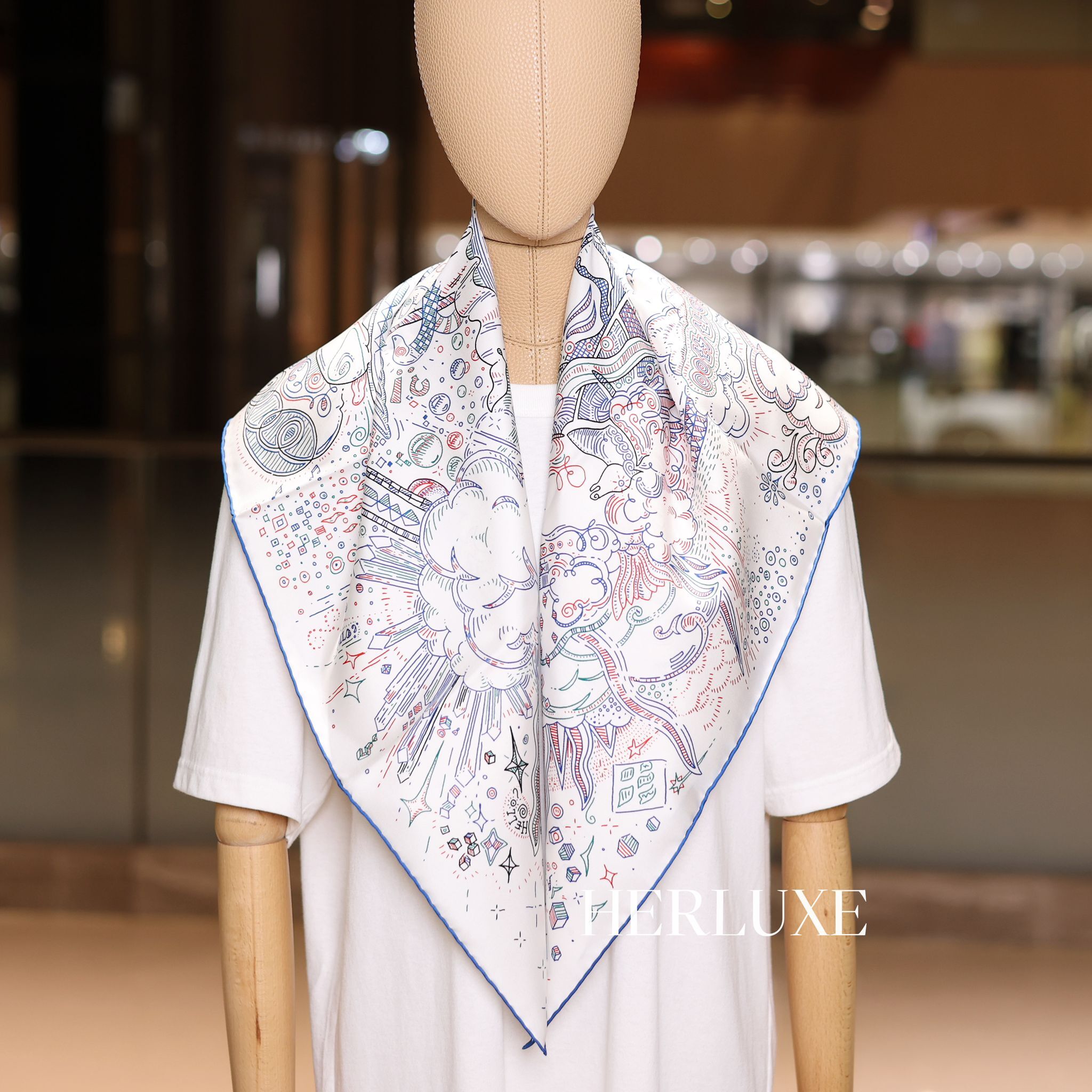 Please hold the line scarf 100%soie 90x90cm Blanc / Bleu Cobalt/Rouge