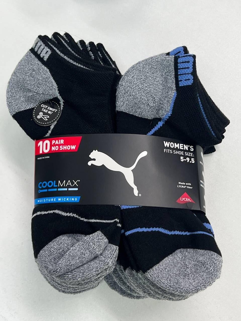 [S] PUMA 1489814 BLACK/GREY WOMEN'S 10 PAIR NO SHOW SOCKS MOISTURE WICKING, 888822104997 (SPM95)